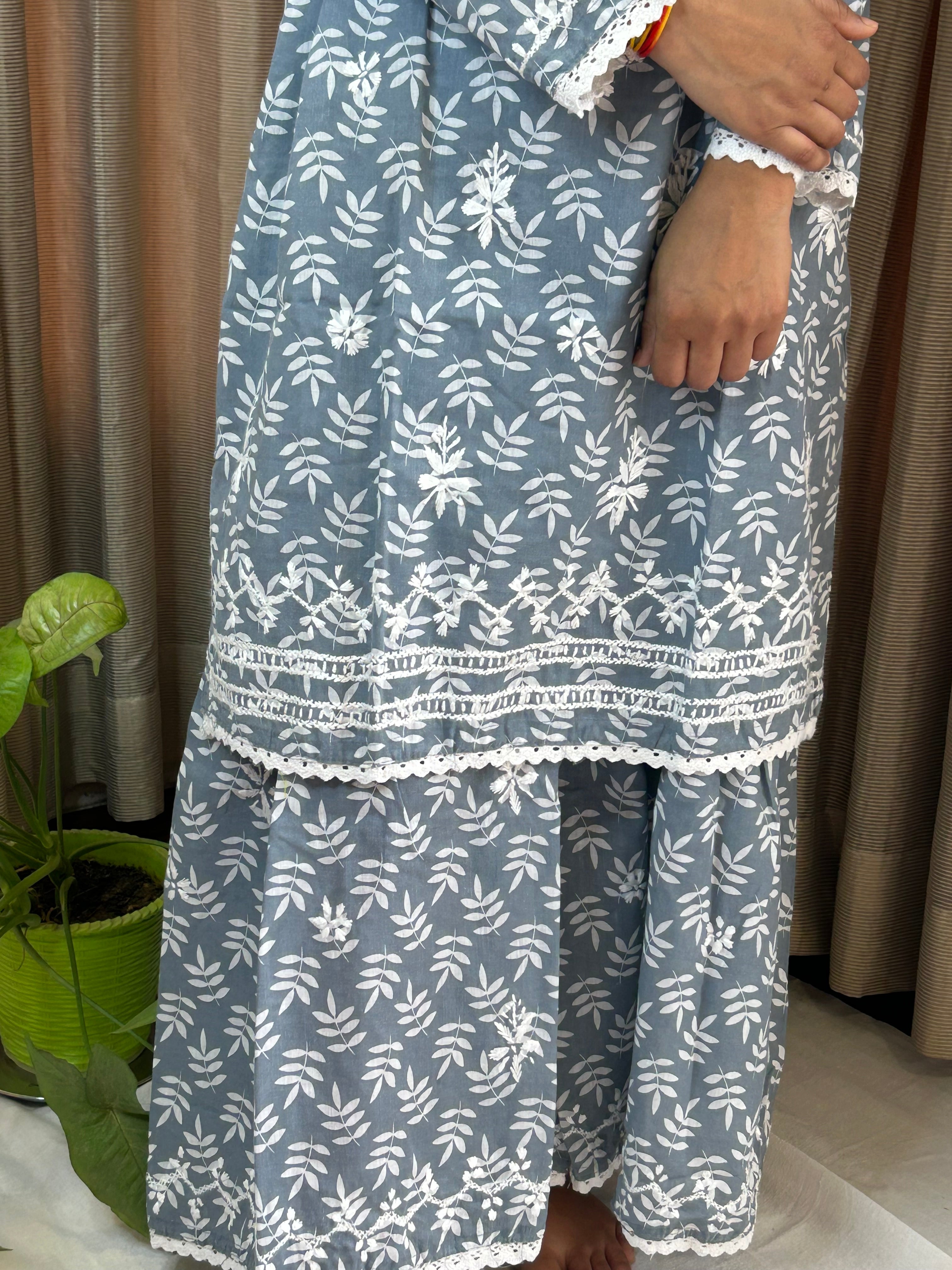 Grey Floral Lucknowi Cotton Chikankari Sharara Set