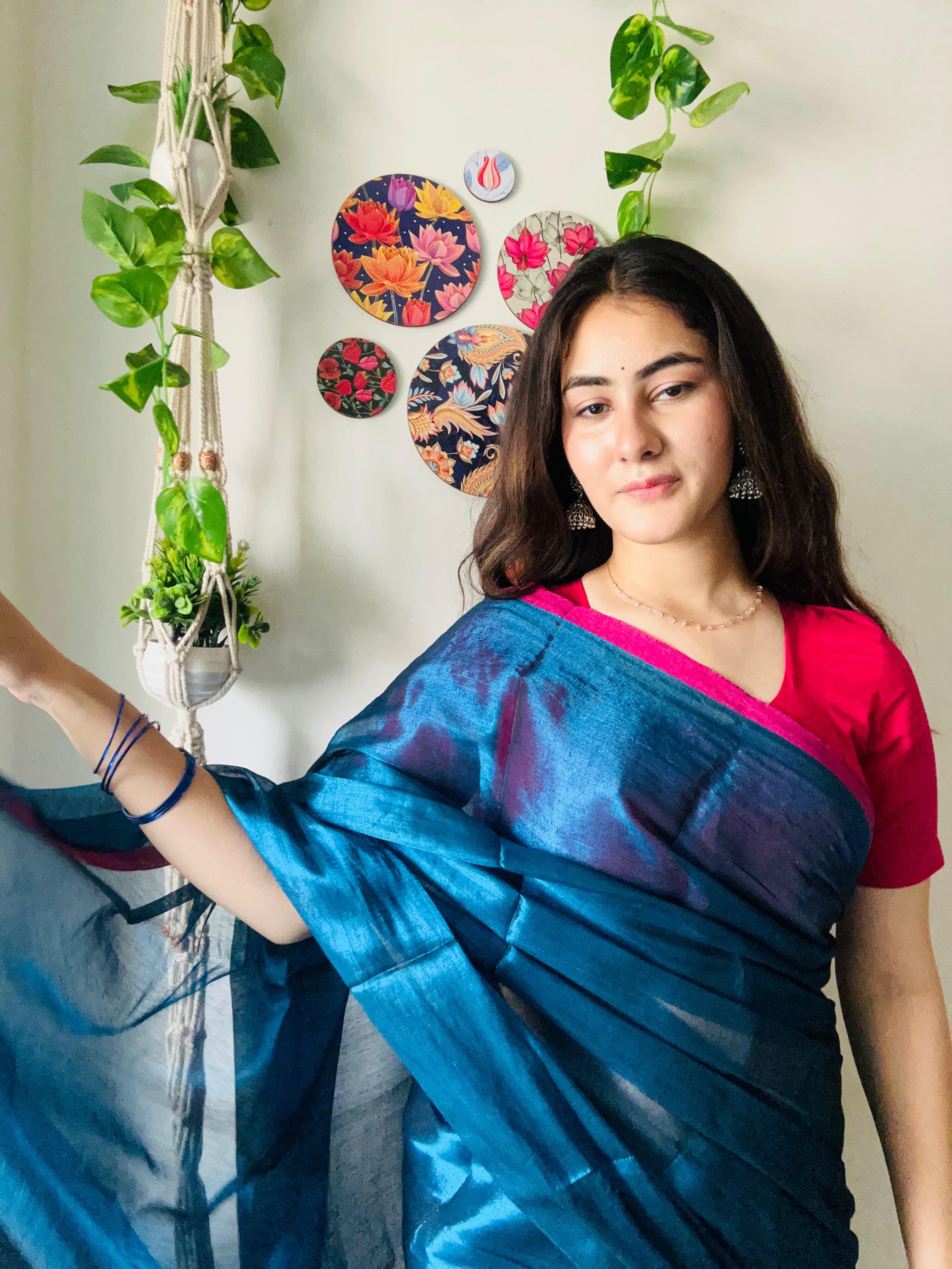 Blue Tissue Silk Saree With Blouse