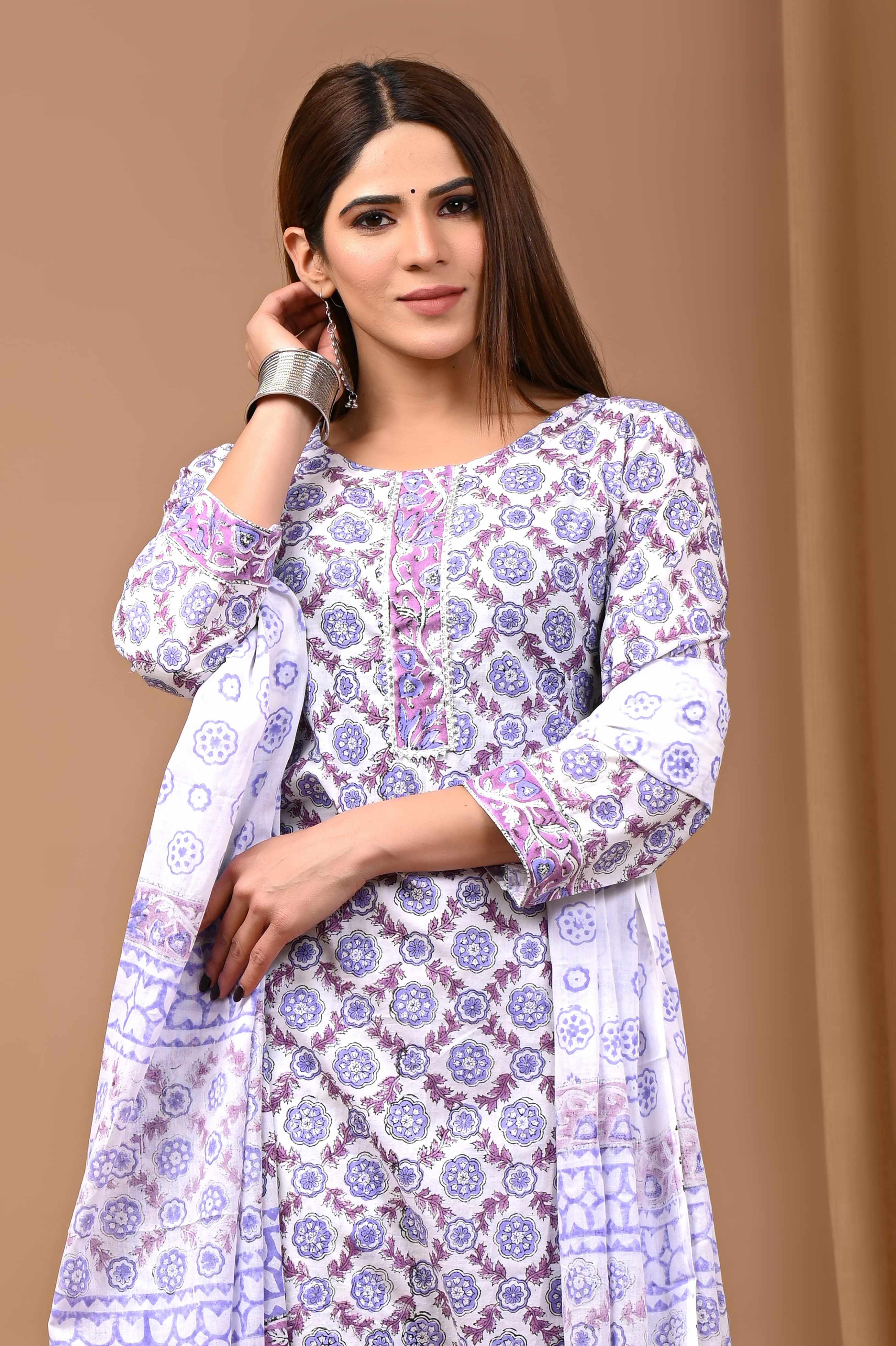 Purple Blue Block Print Suit Set With Dupatta