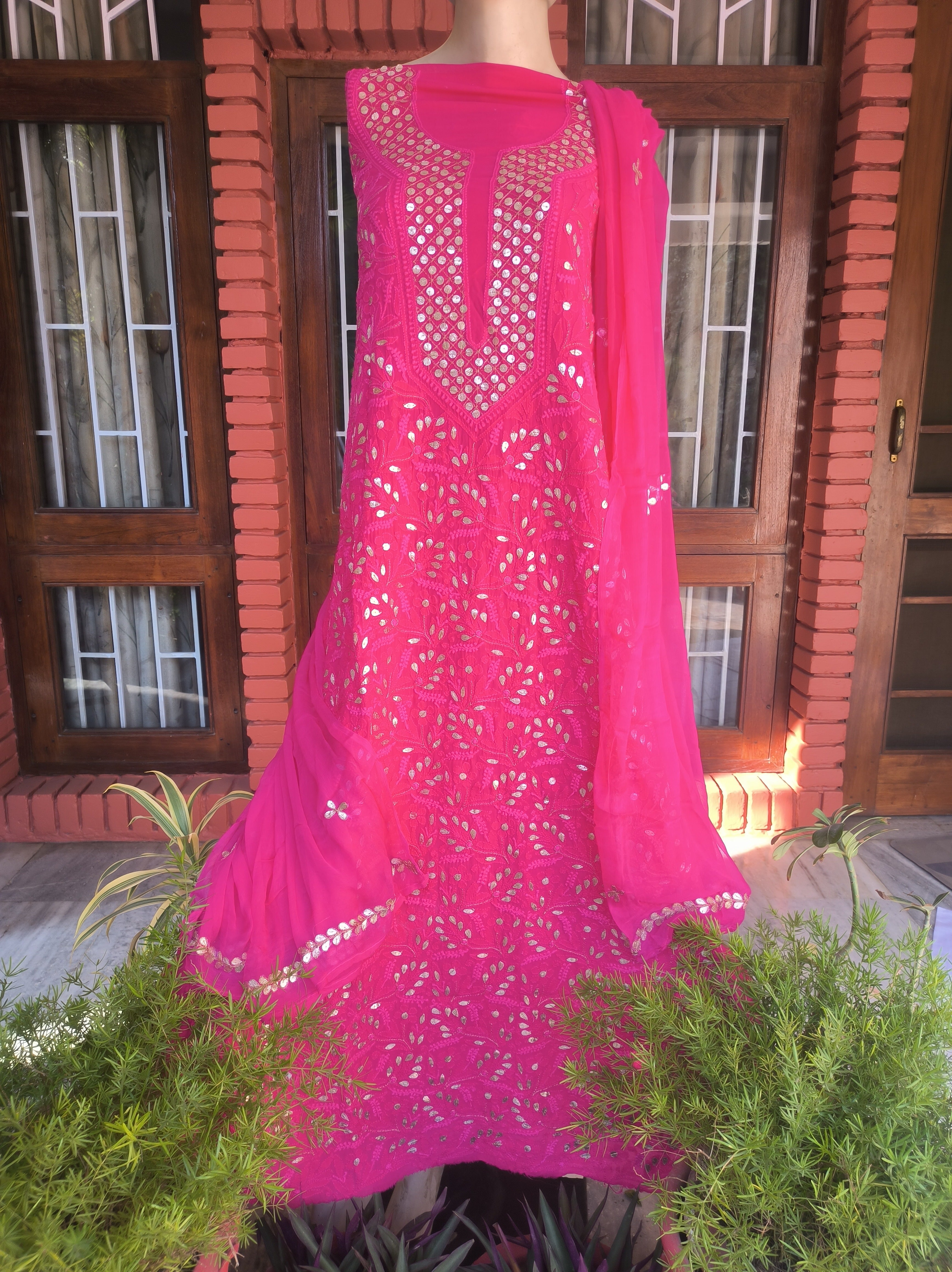 Rani pink Lucknowi Chikankari Gota Patti Salwar Suit(Dress Material)