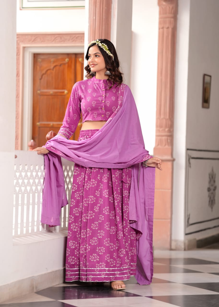 Purple  Block Print Flora lehenga choli Set