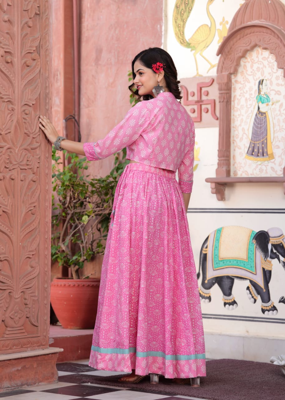 Pink Dandia Block Print Flora lehenga choli Set