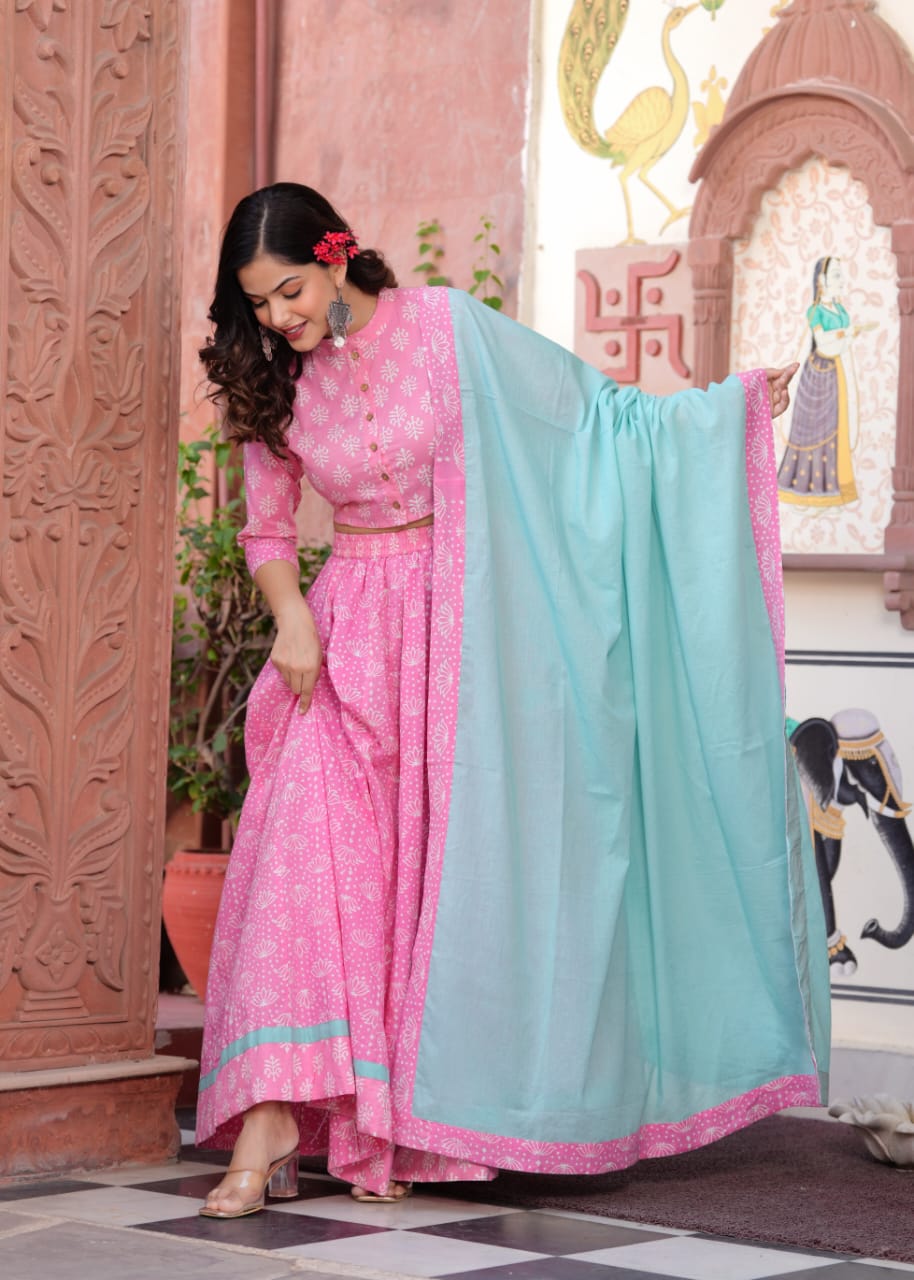 Pink Dandia Block Print Flora lehenga choli Set