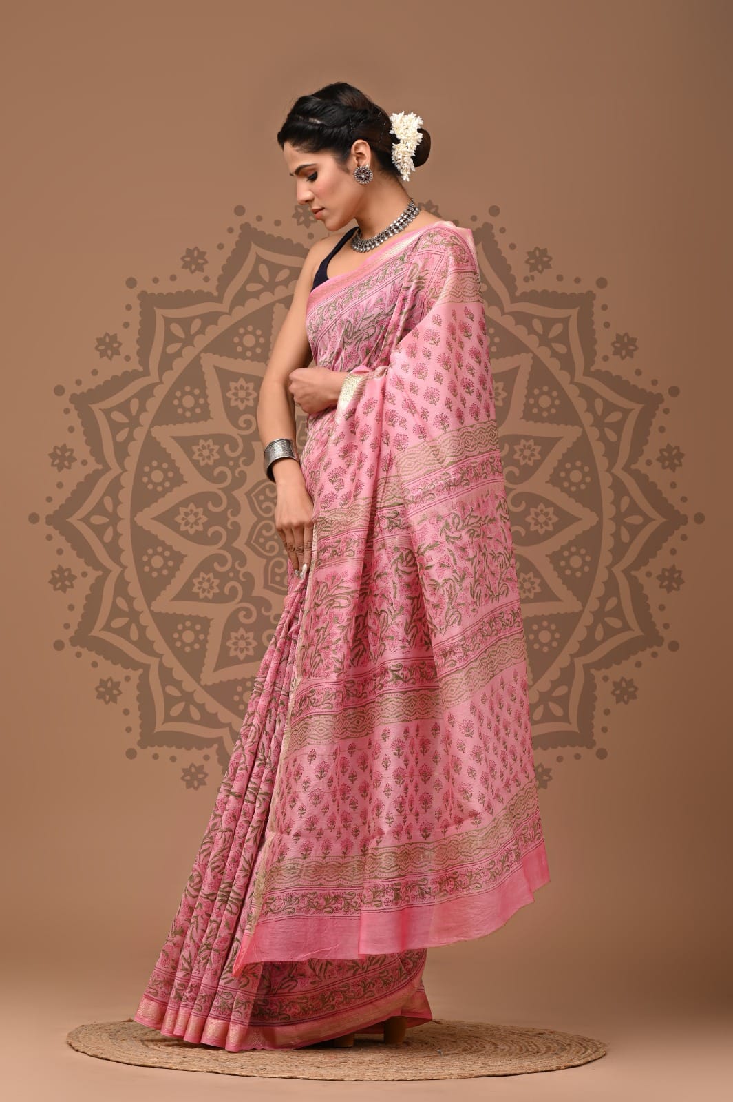 Pink Maheshwari Bagru Print Saree