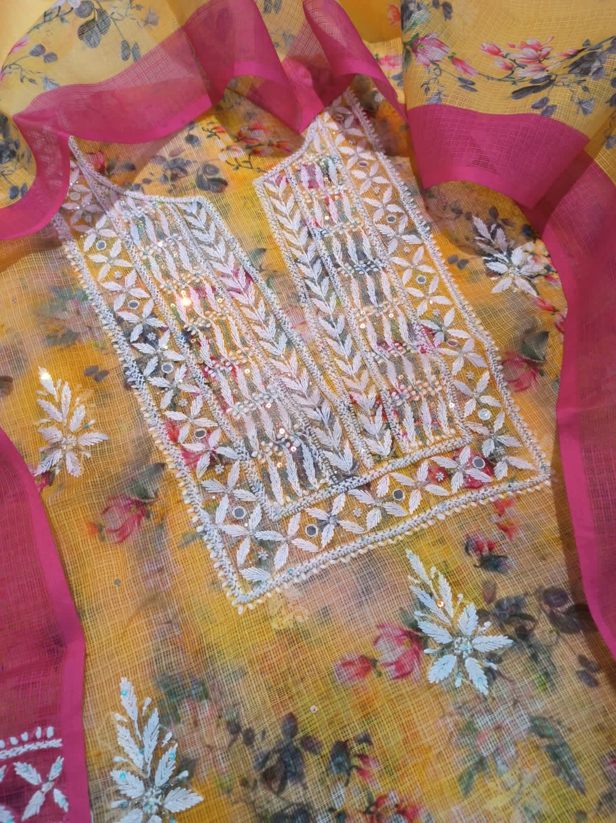 Kota Embroidered Chikankari in Yellow and pink