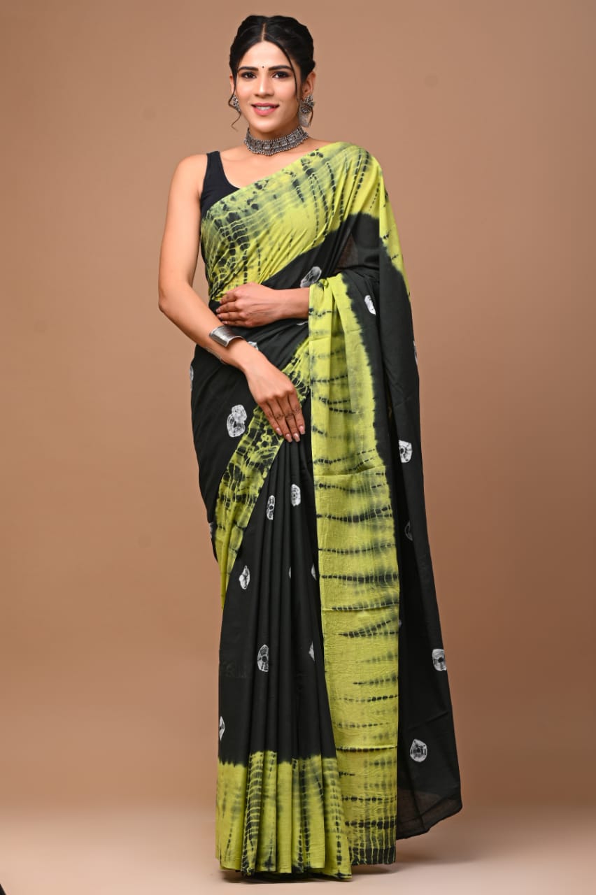 Black Green Fun Hand Block Print MulMul Cotton Saree