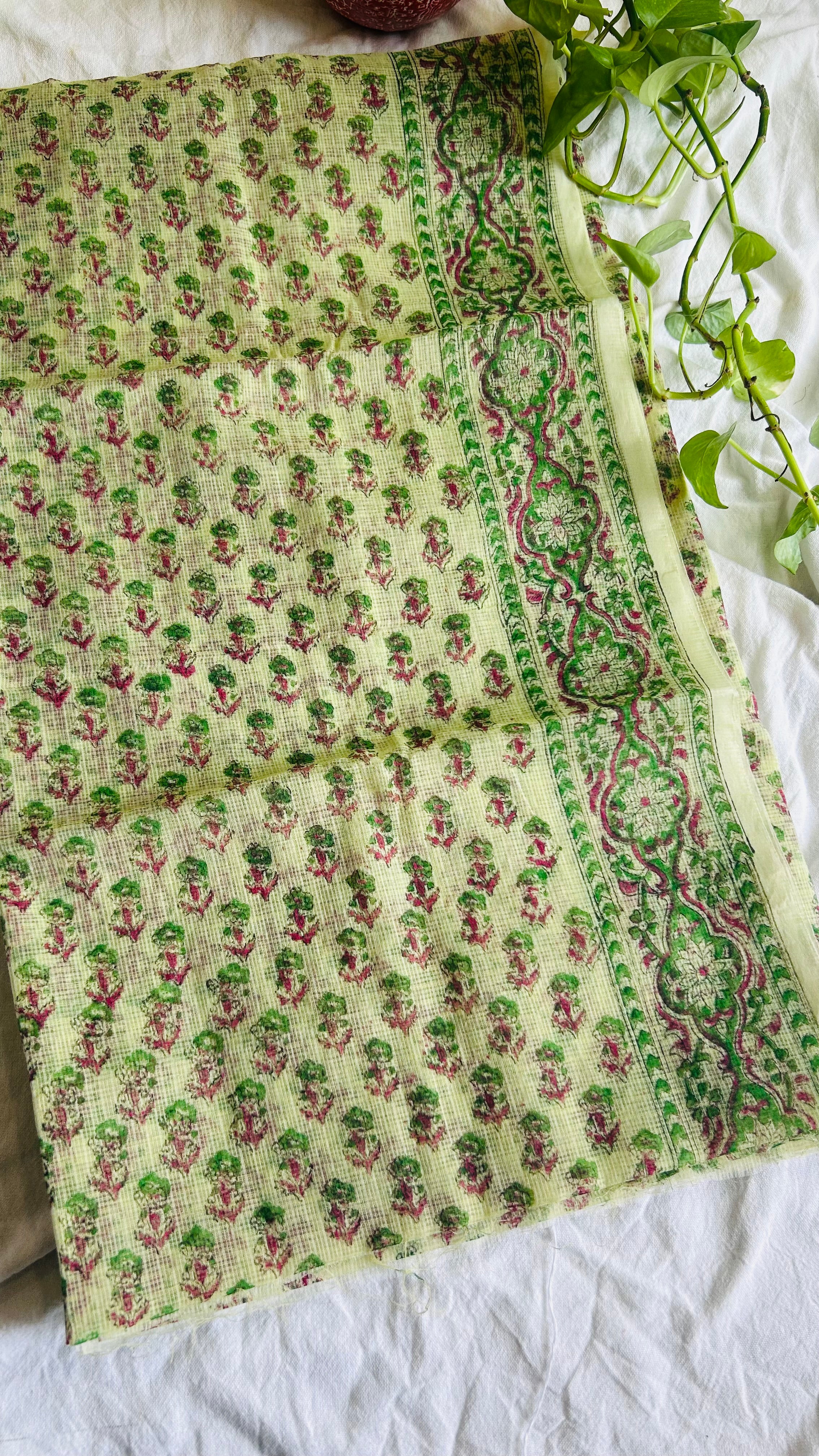 Summer Look Kota Doria Hand Block Print Suit In Olive Green (unstitched)