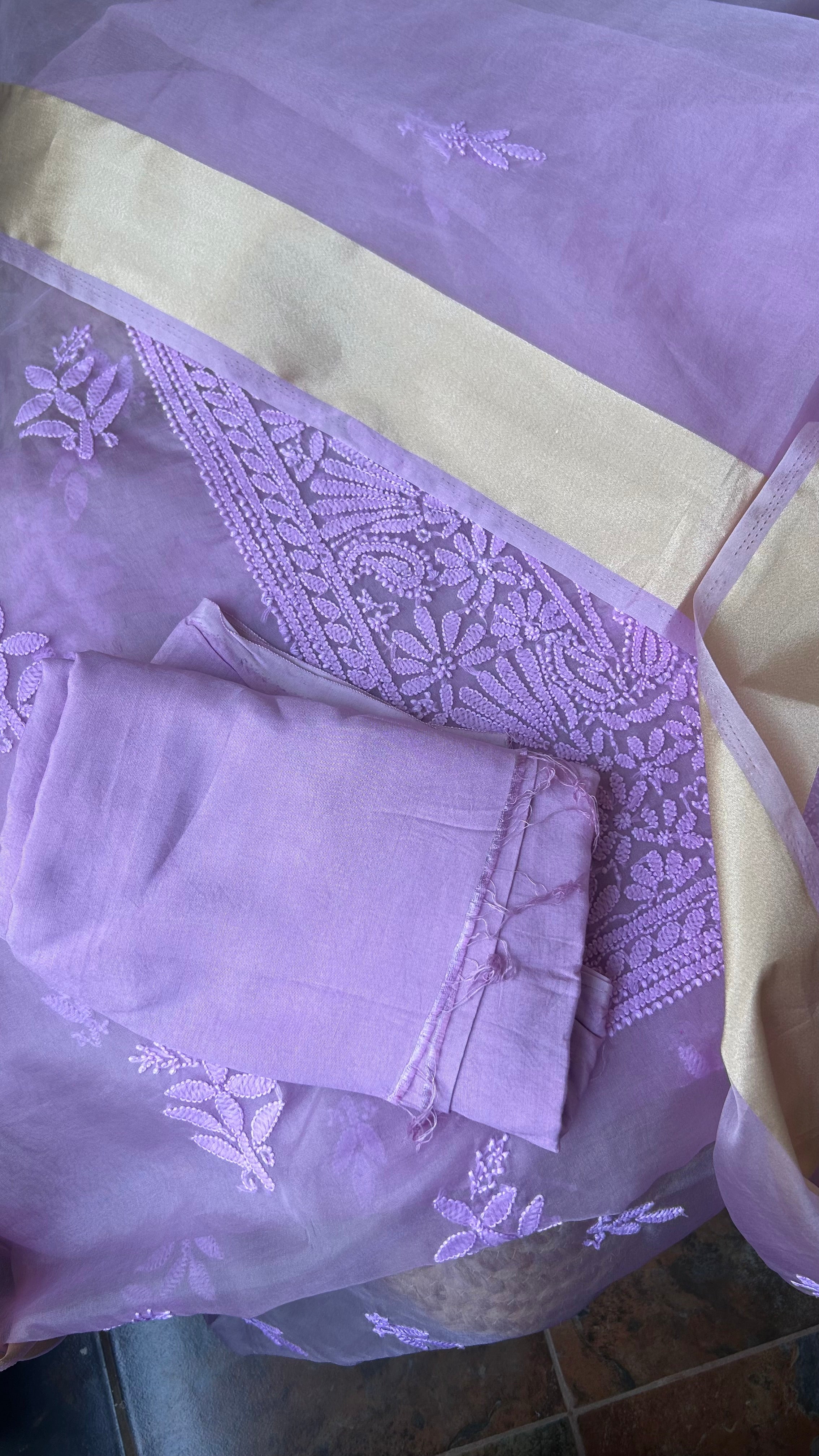 Lavender Purple Chikan work Organza Salwar Suit fabric