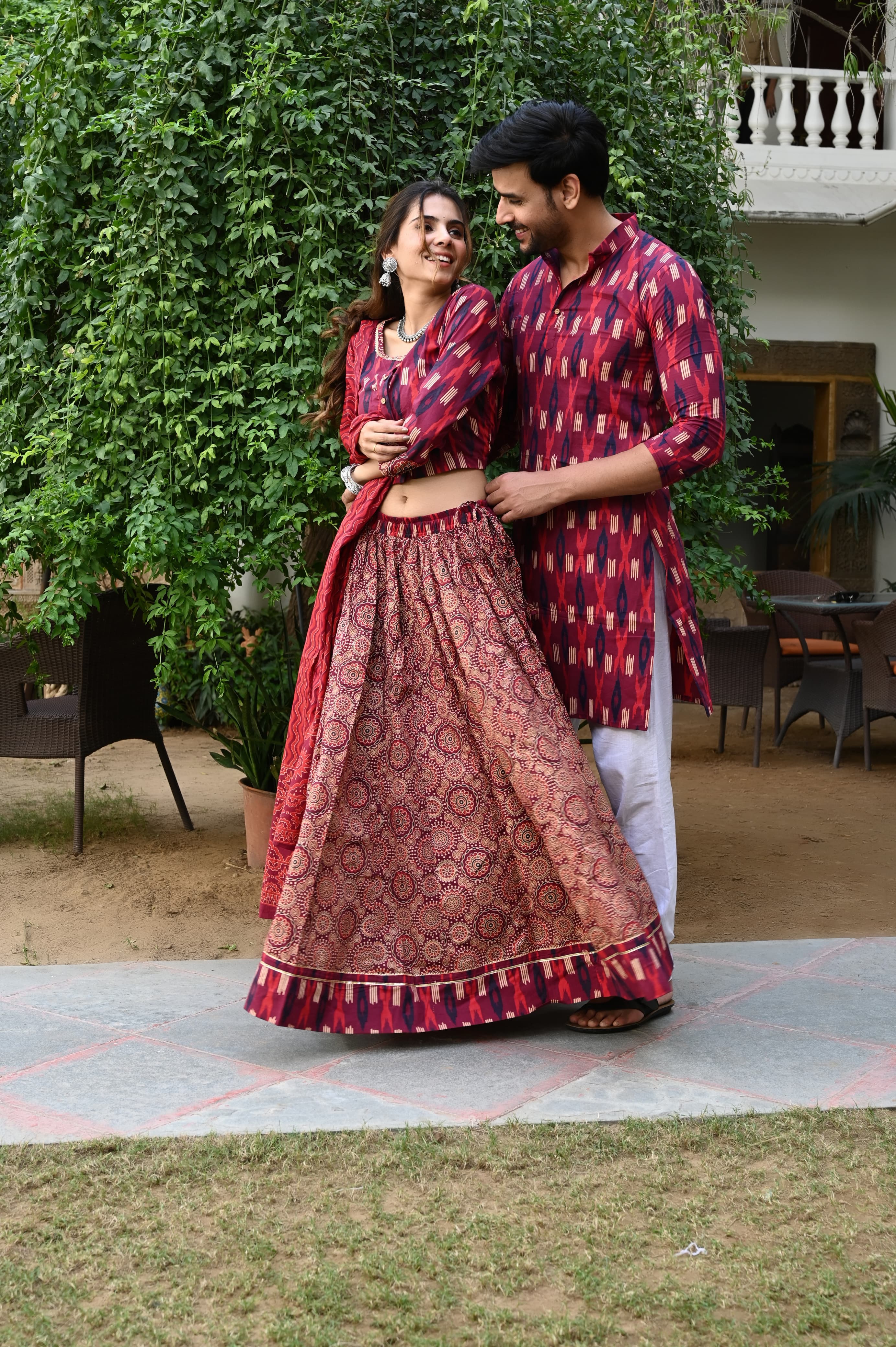 Red Pure Cotton Twinning Couple Set In Block Print