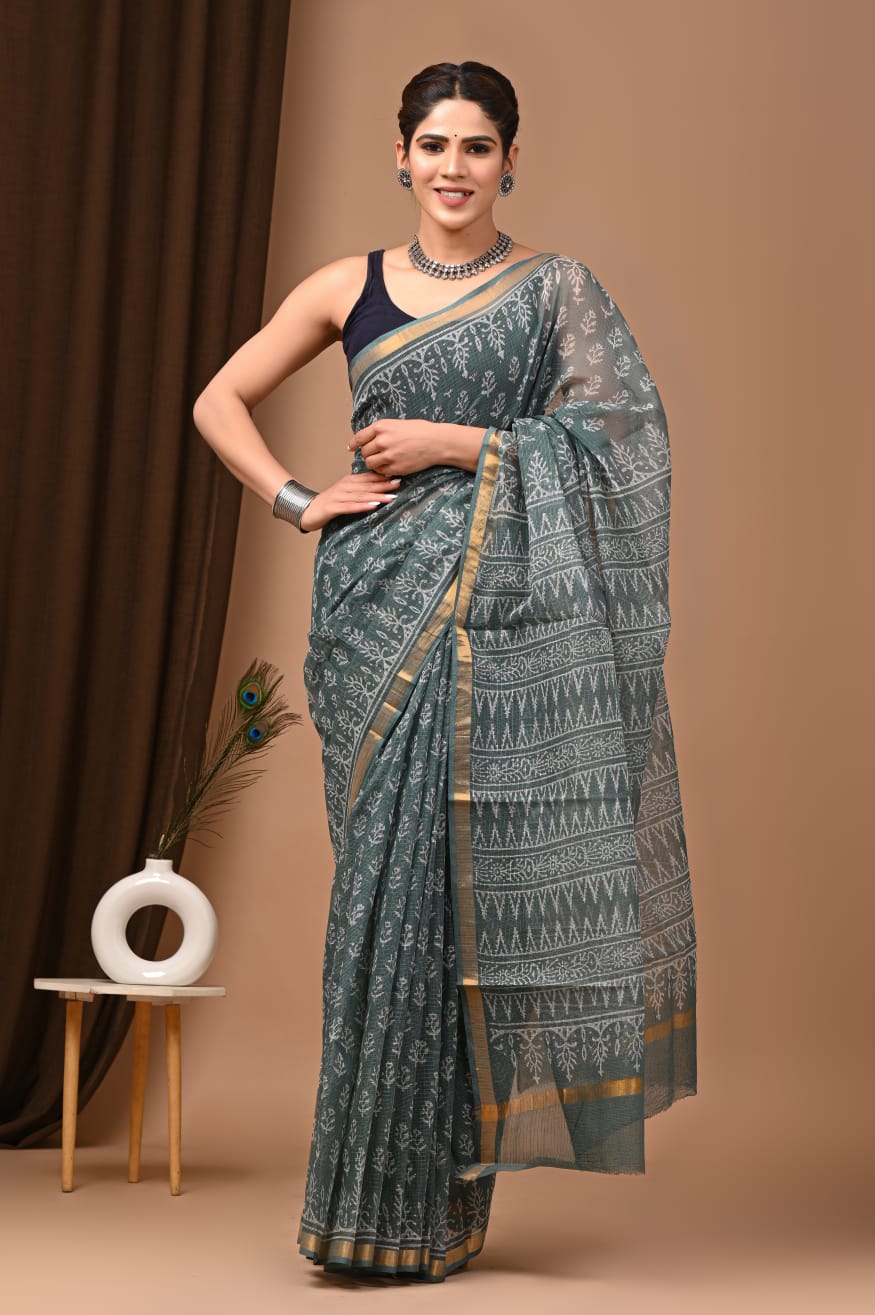 Trending Sage Green Kota Doria Traditional Print Saree