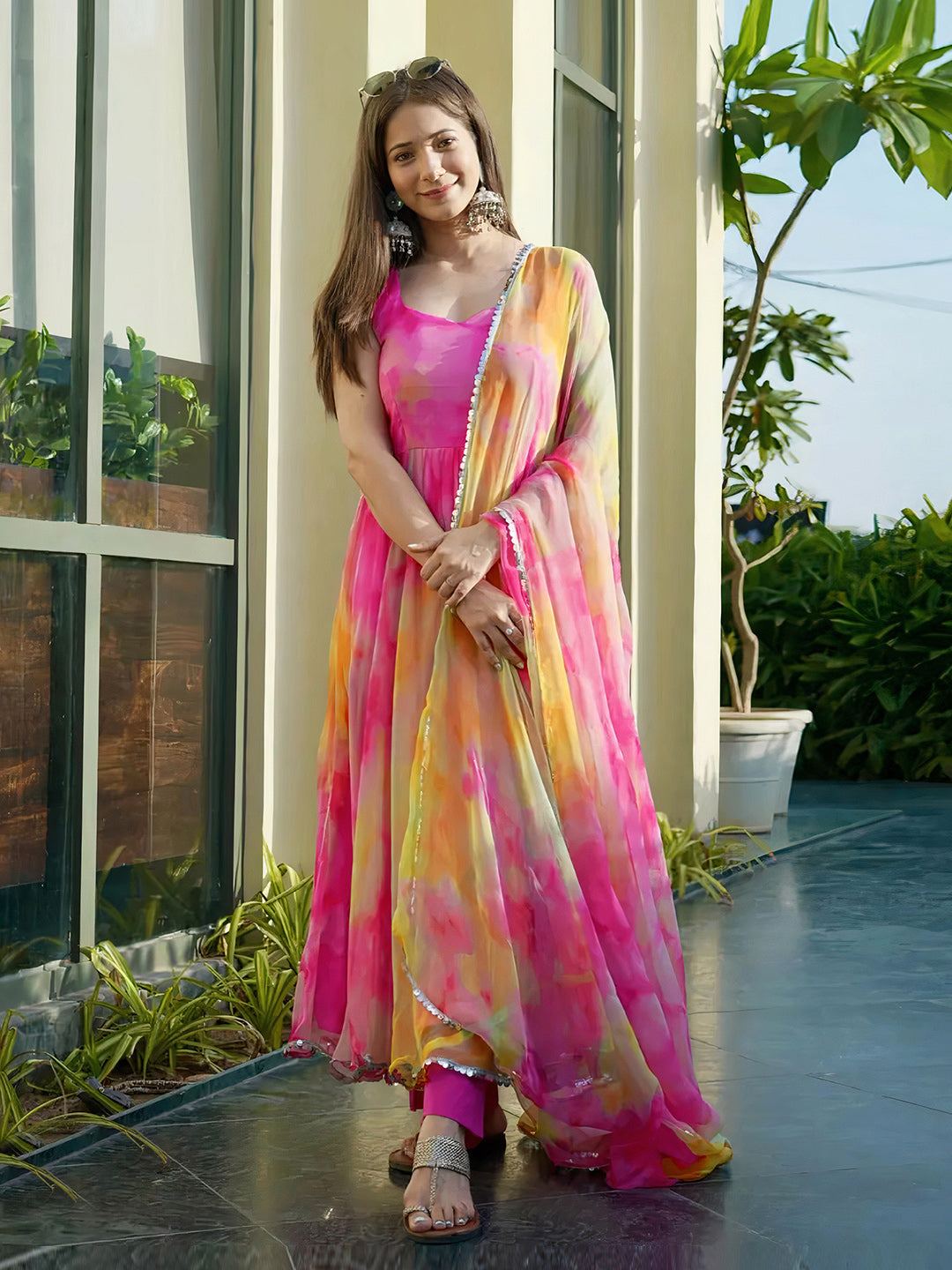 Colorful Floral organza anarkali gown