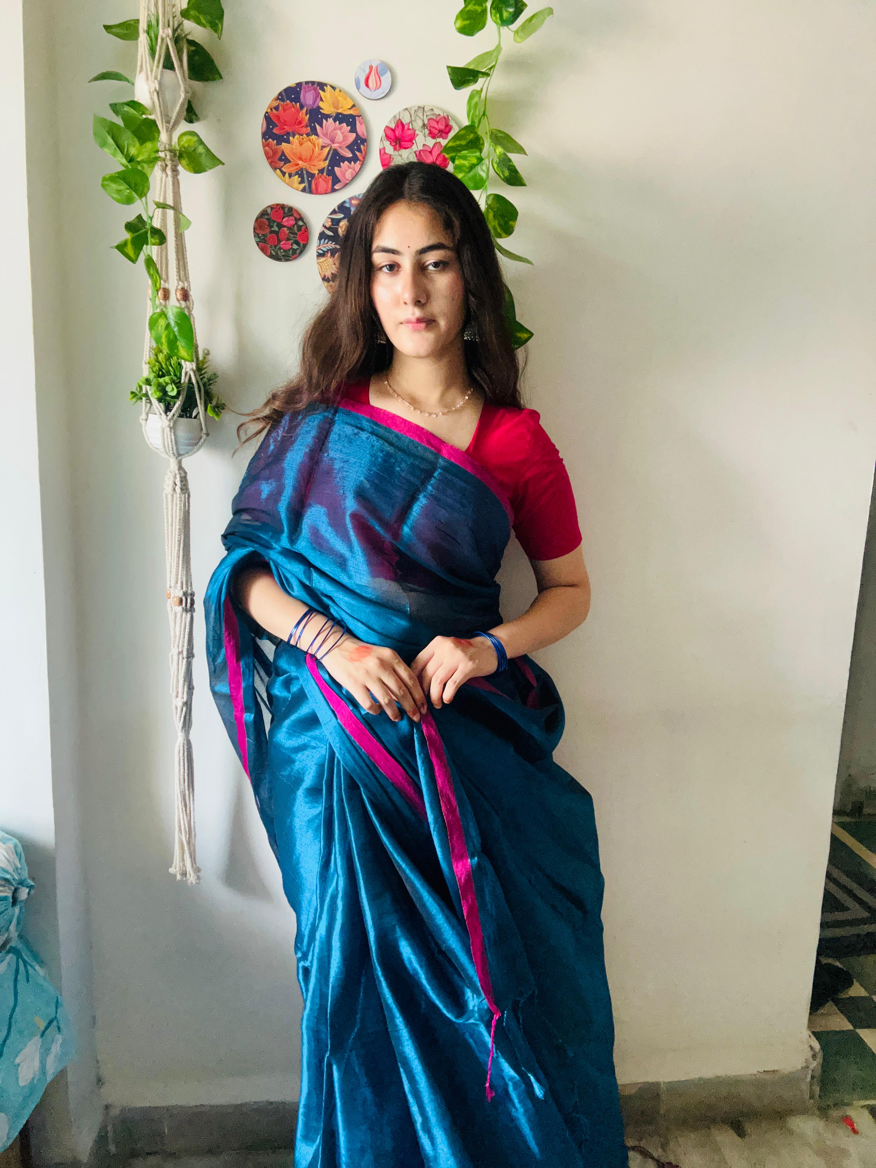 Blue Tissue Silk Saree With Blouse