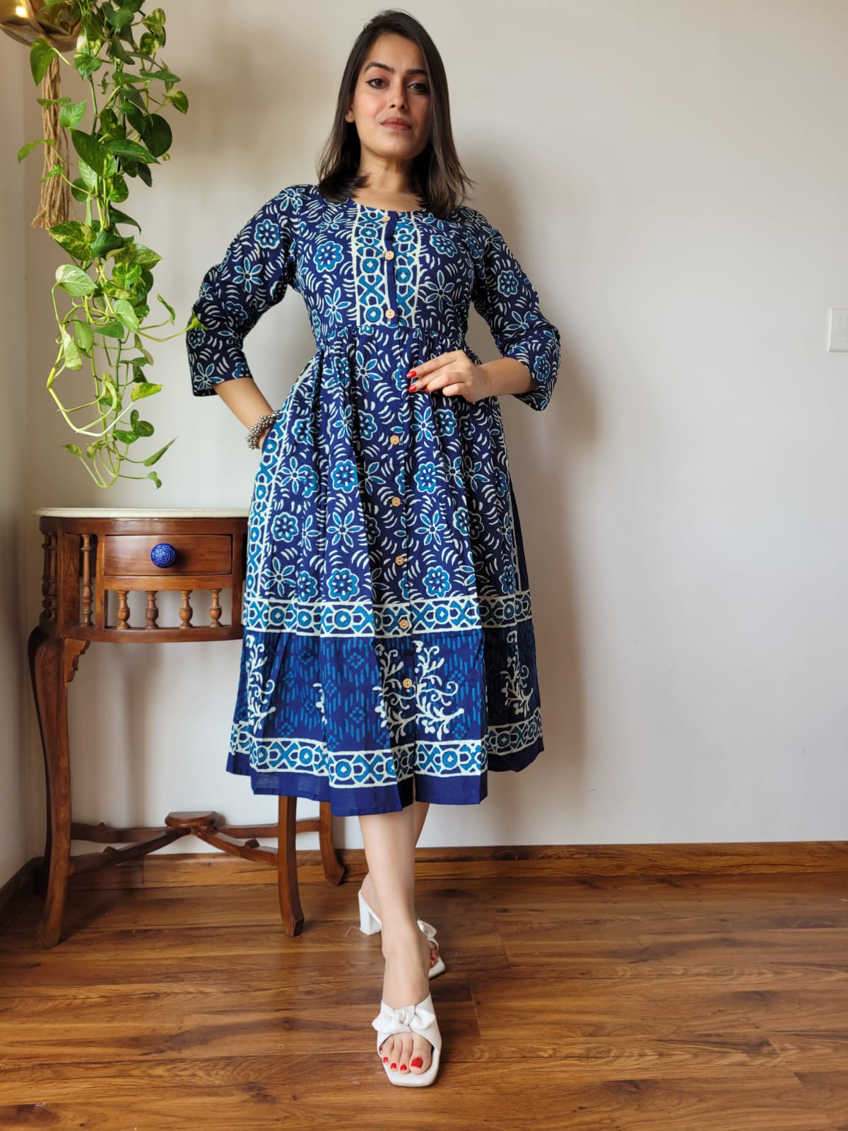 Blue Bagru Print Summer Cotton Dress