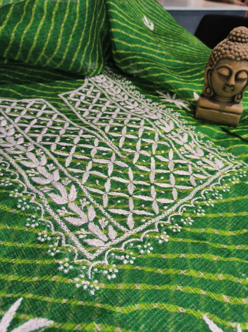Leaf Green Chinkari Kota Doria Suit Fabric| Premium Chikankari Suits