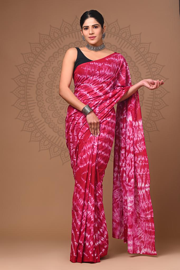 Vibrant Pink Hand Block Print MulMul Cotton Saree