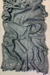 Grey Pure Linen Saree With Embroidery