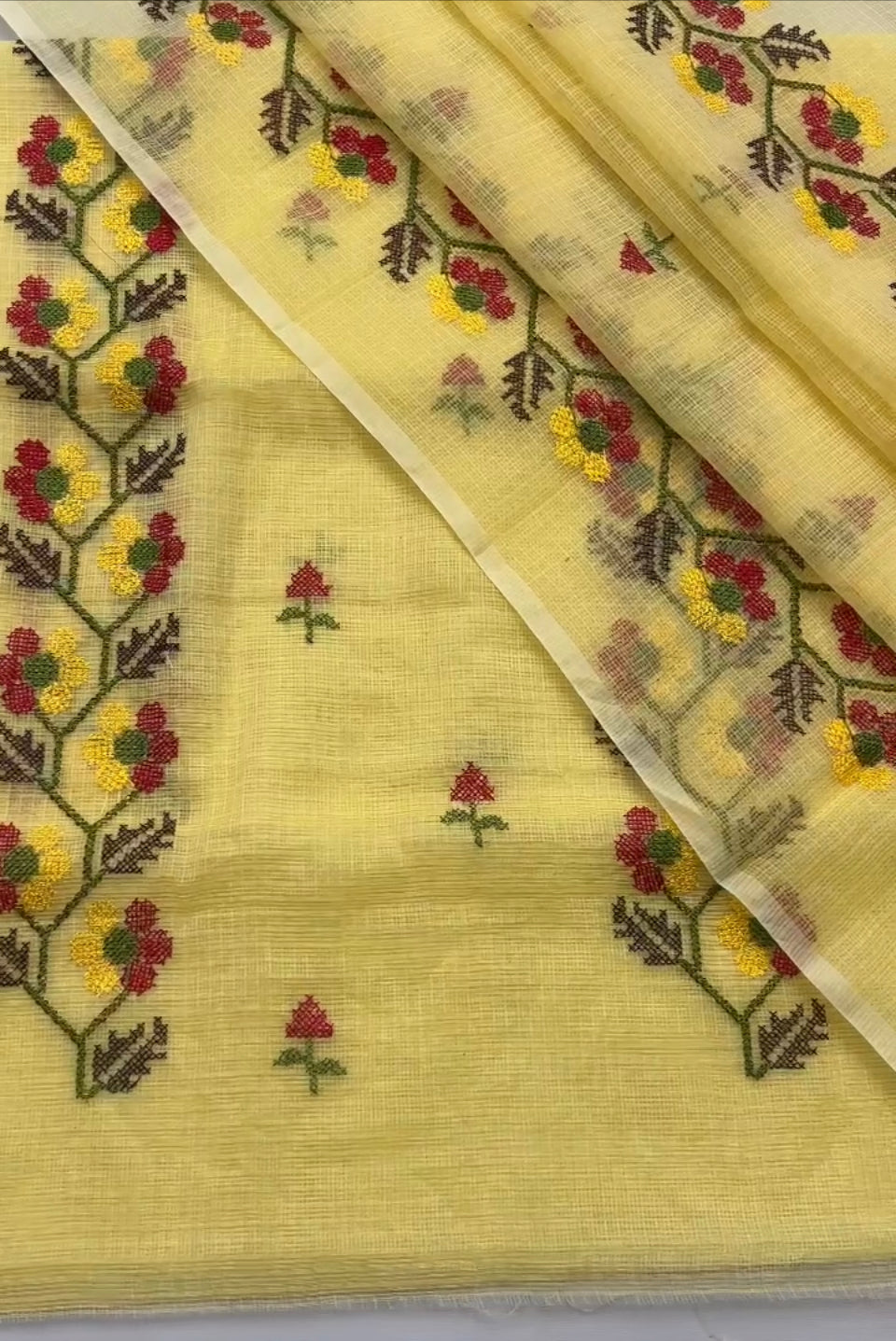 Beautiful Kota Doria Suit In Yellow Colour With Flower Embroidery Work