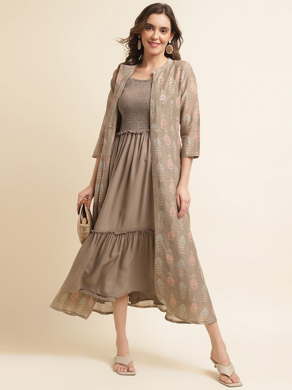 Cotton Brown Party Wear Kurti With Shrug
