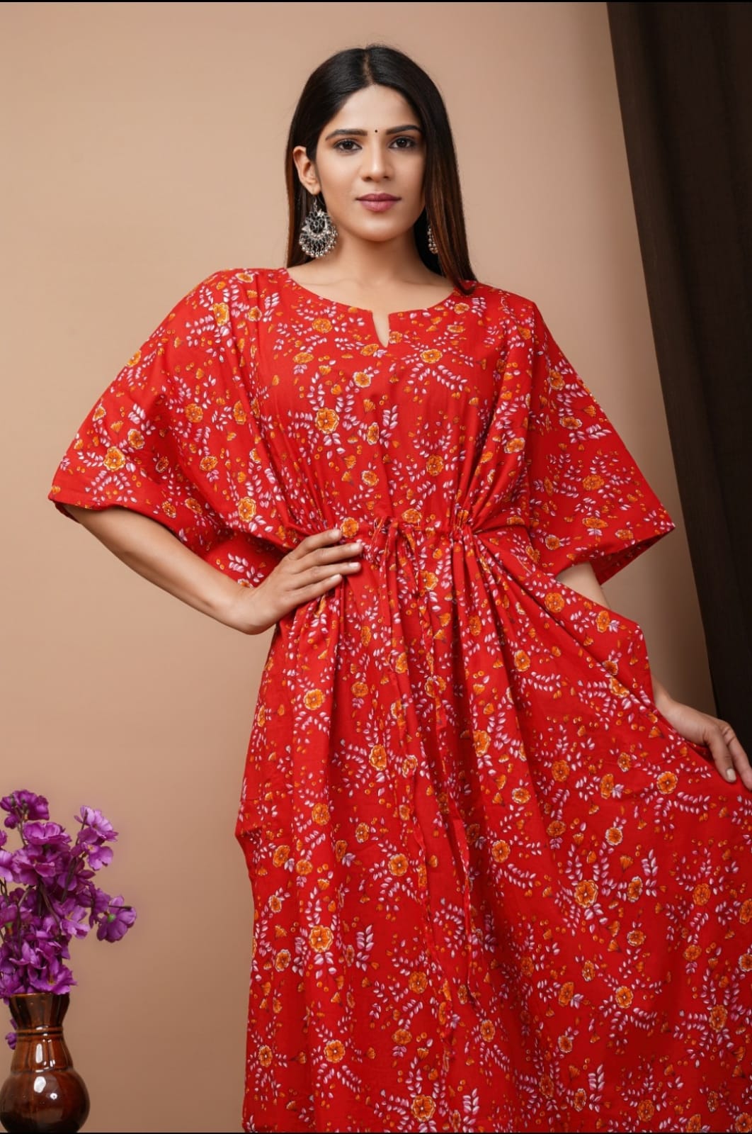 Flora Red Cotton Kaftan