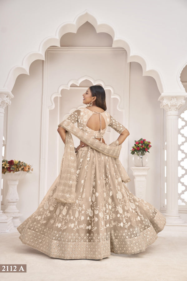 Cream Net Thread Work Lehenga (Semi - Stitched)