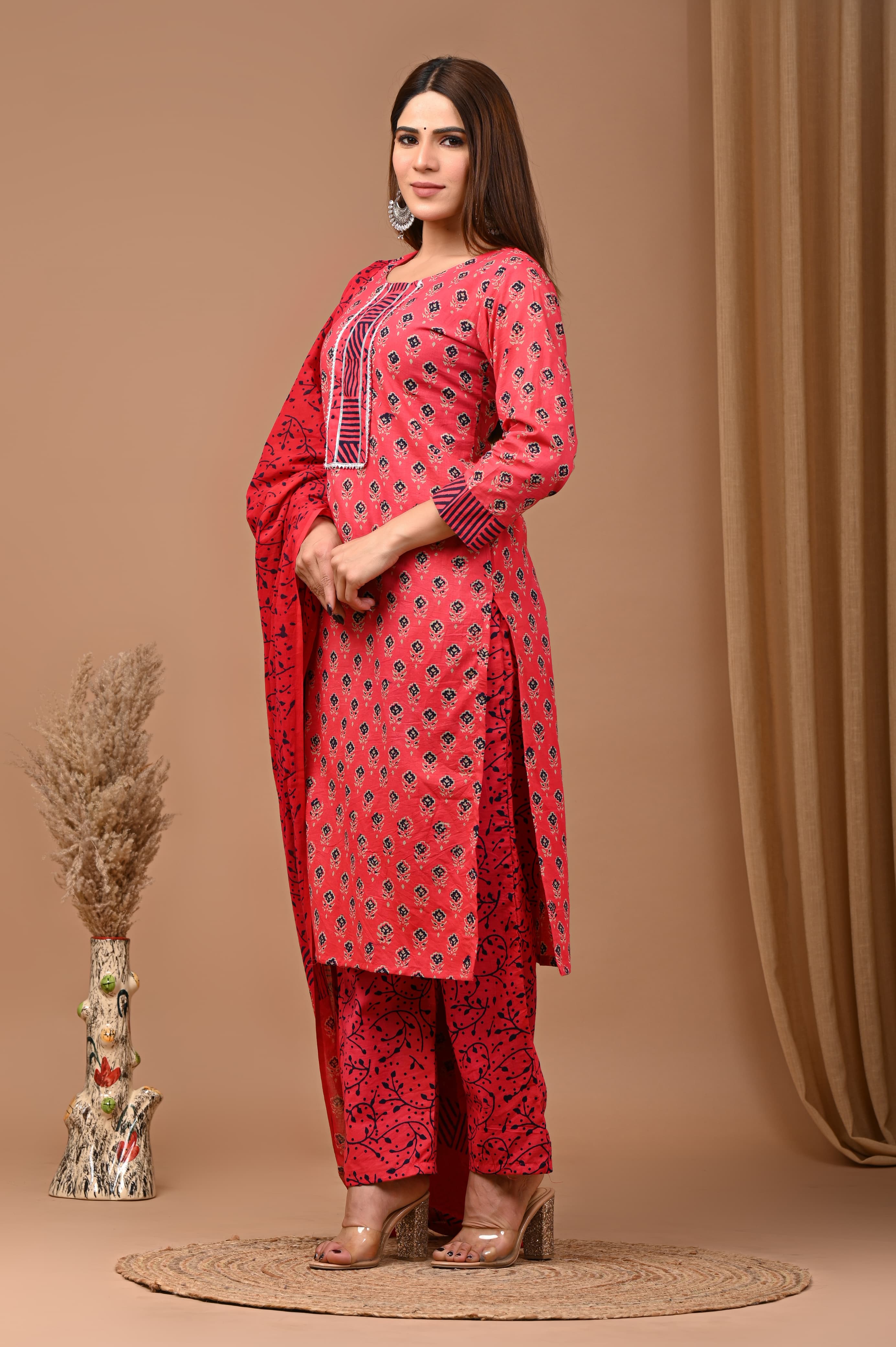 Red Block Print Suit Set With Dupatta