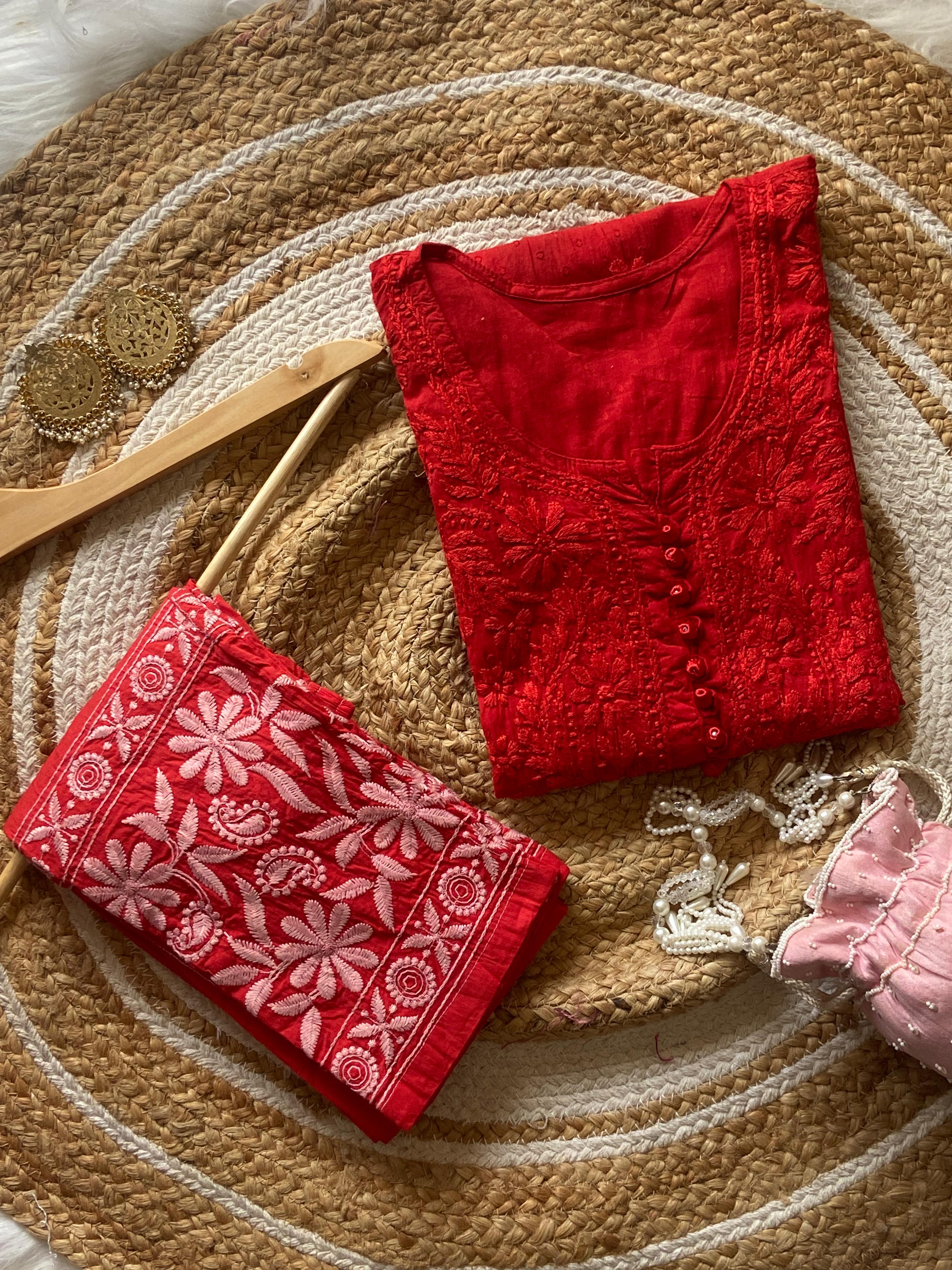 Red Chikankari cotton Kurti With Pant