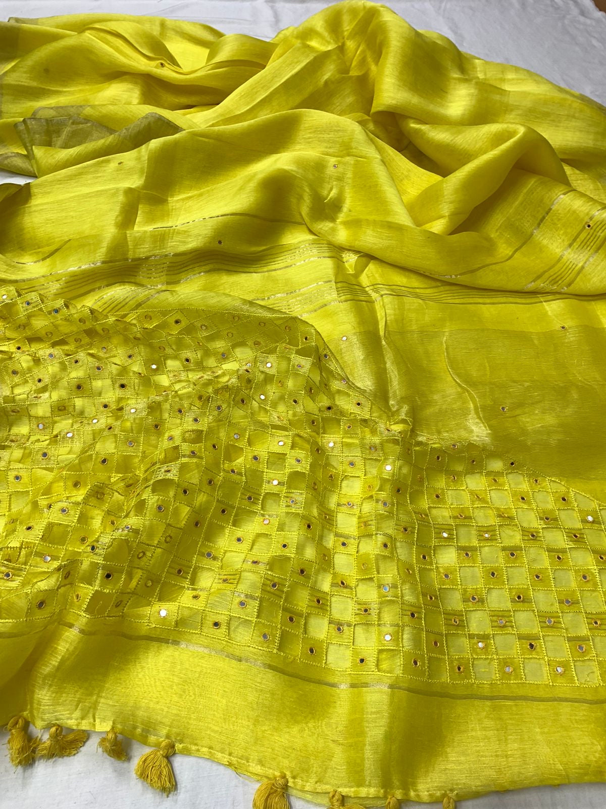 Yellow Colour Silk Linen Cutwork Saree