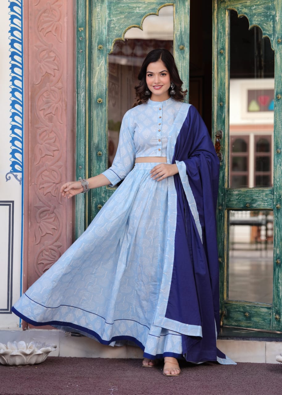 Blue Block Print Flora lehenga choli Set