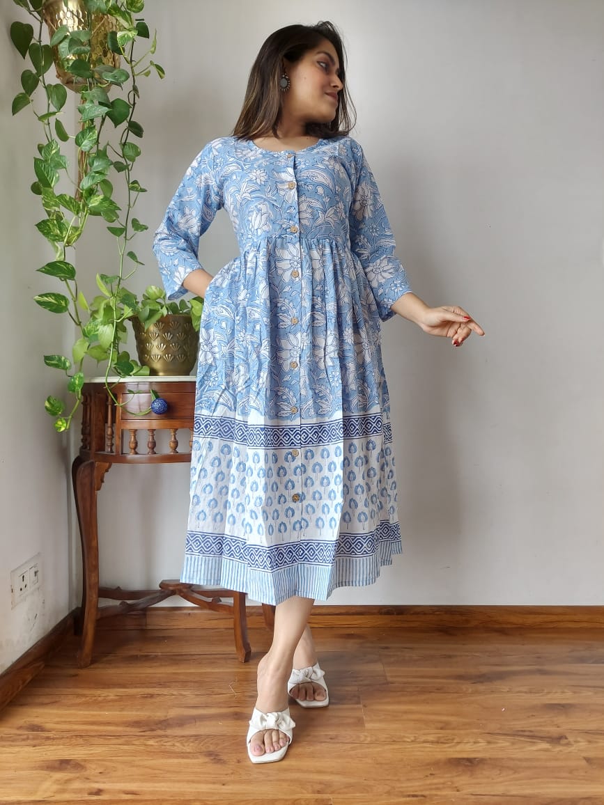 Sky Blue Summer Bagru Print Cotton Dress