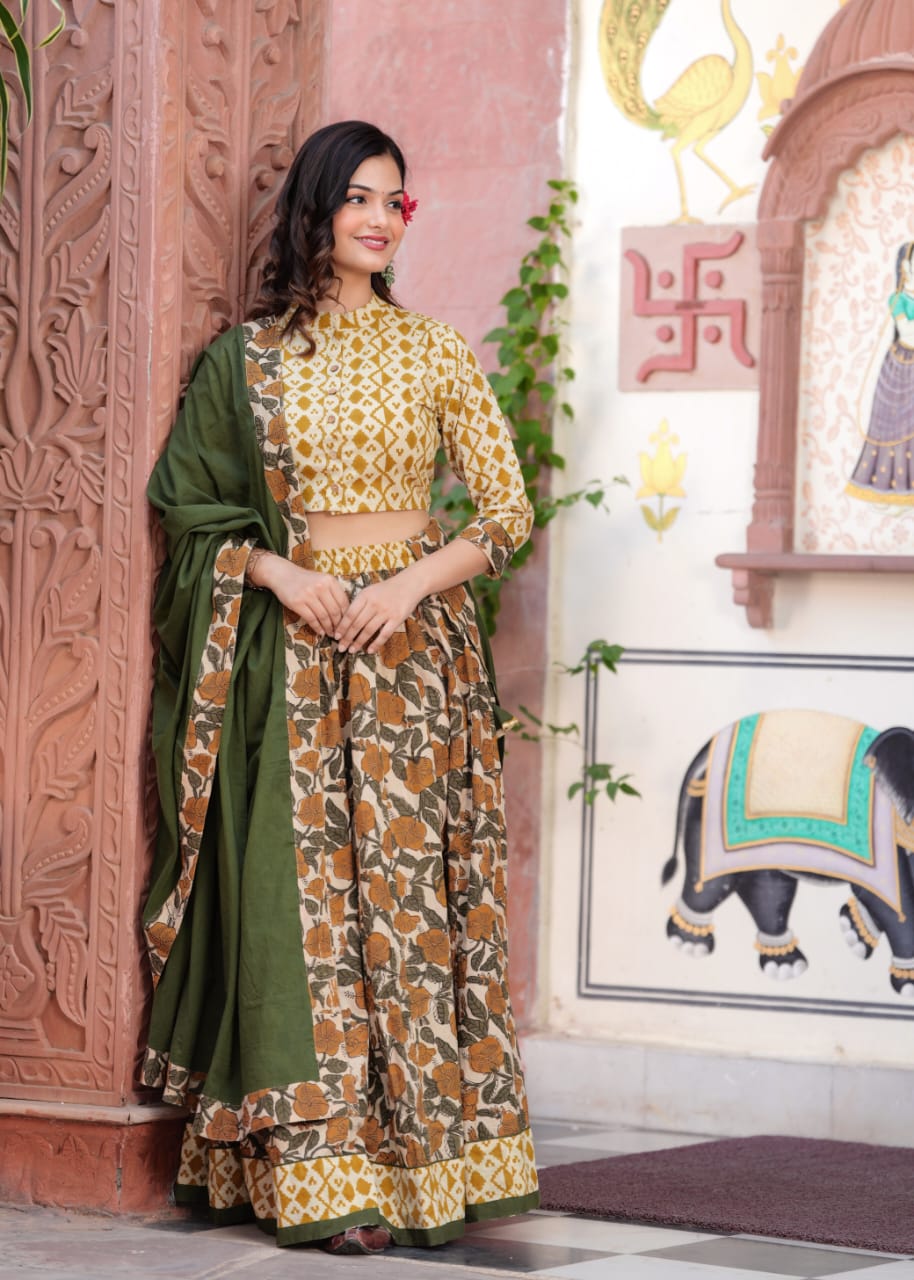 Green Block Print Flora lehenga choli Set