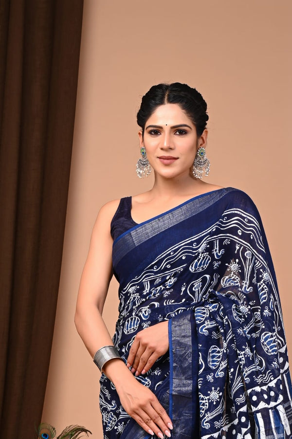 Blue Blockprint Linen Slub Saree