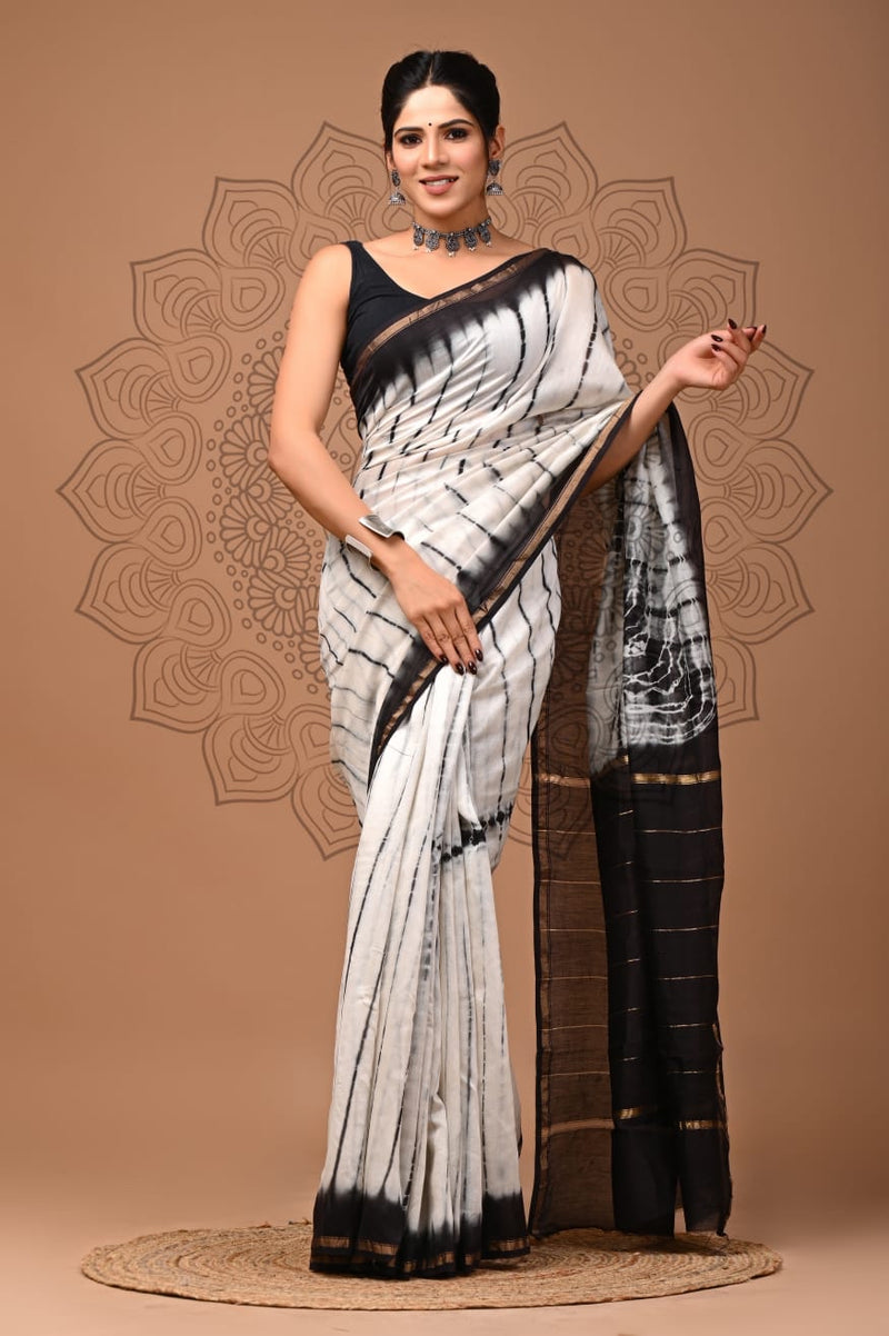 White Bagru Print Saree
