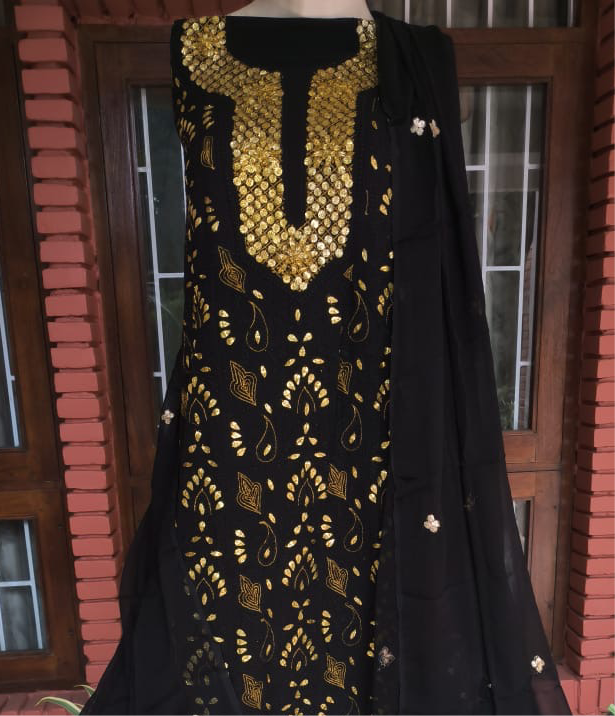 "Shab-e-Kala" Black Lucknowi Chikankari Gota Patti Salwar Suit(Dress Material)