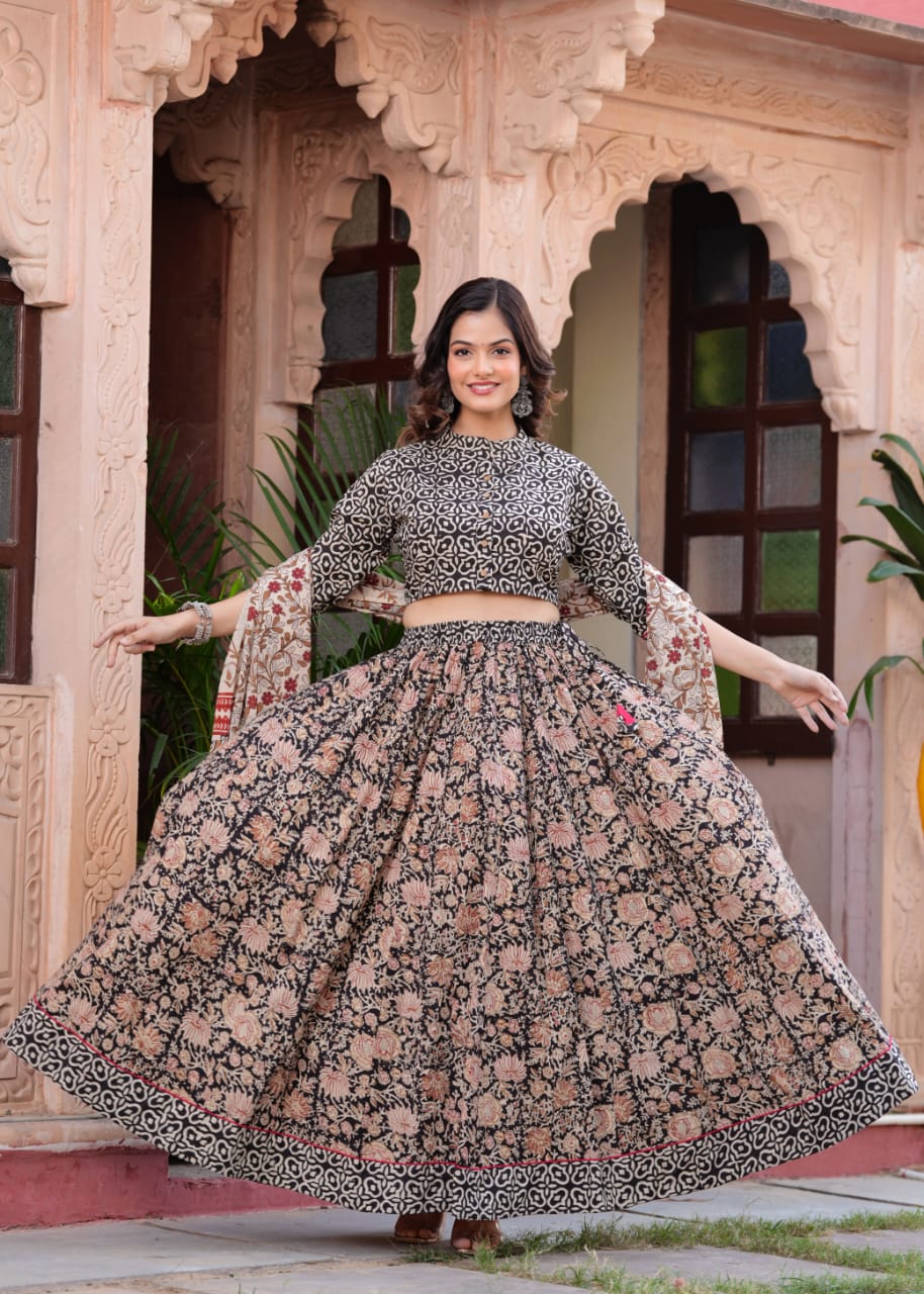 Black Block Print Flora lehenga choli Set