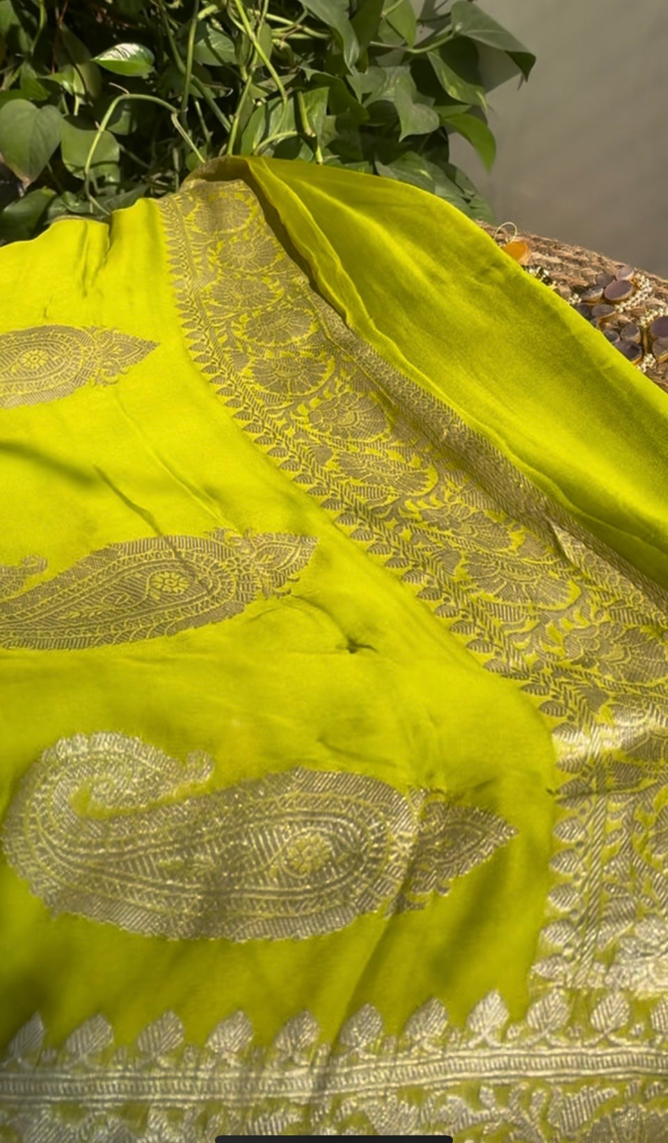 Lemon Green Banarasi Khaddi Saree