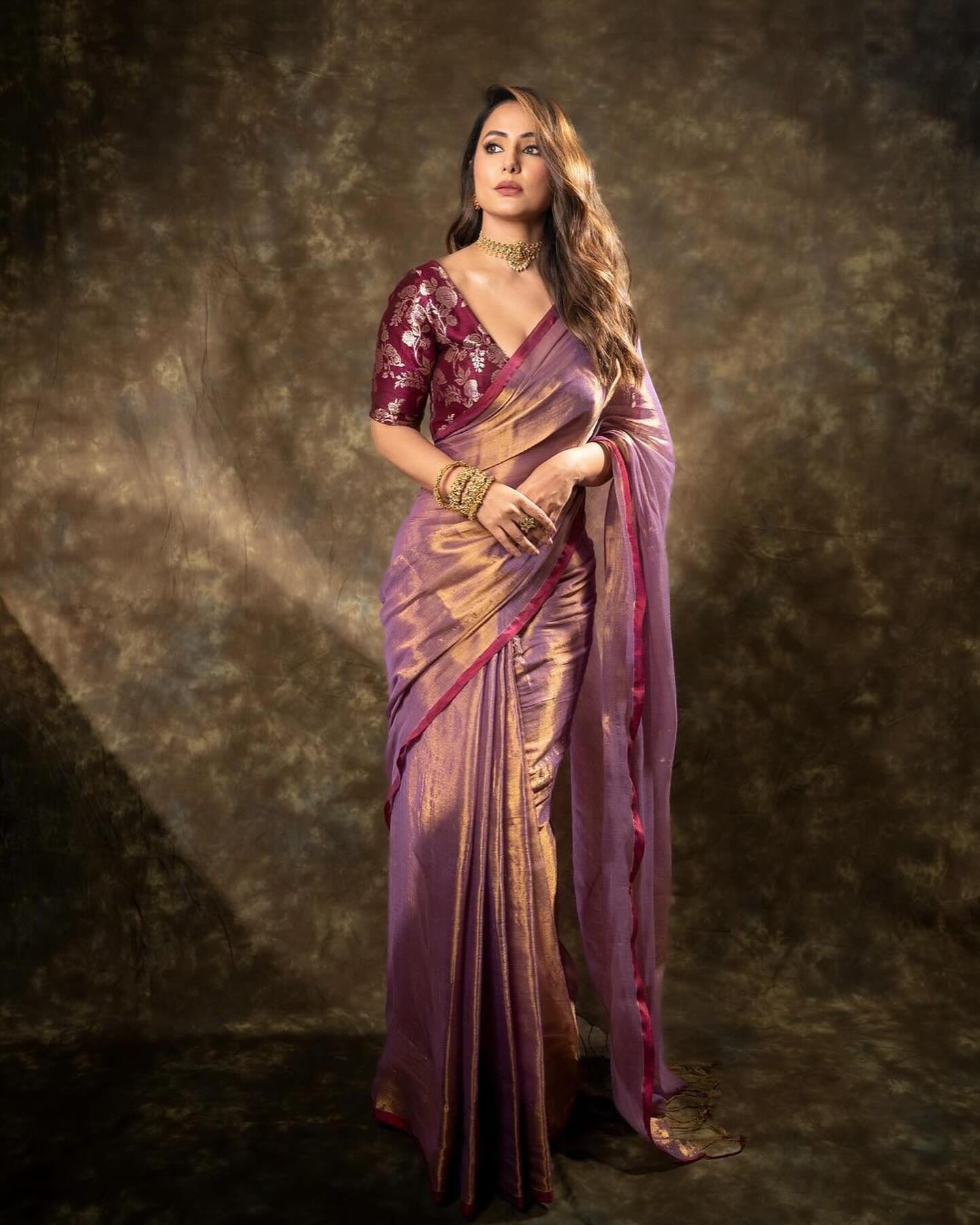 Hina Khan Purple Tissue Silk Saree With Blouse