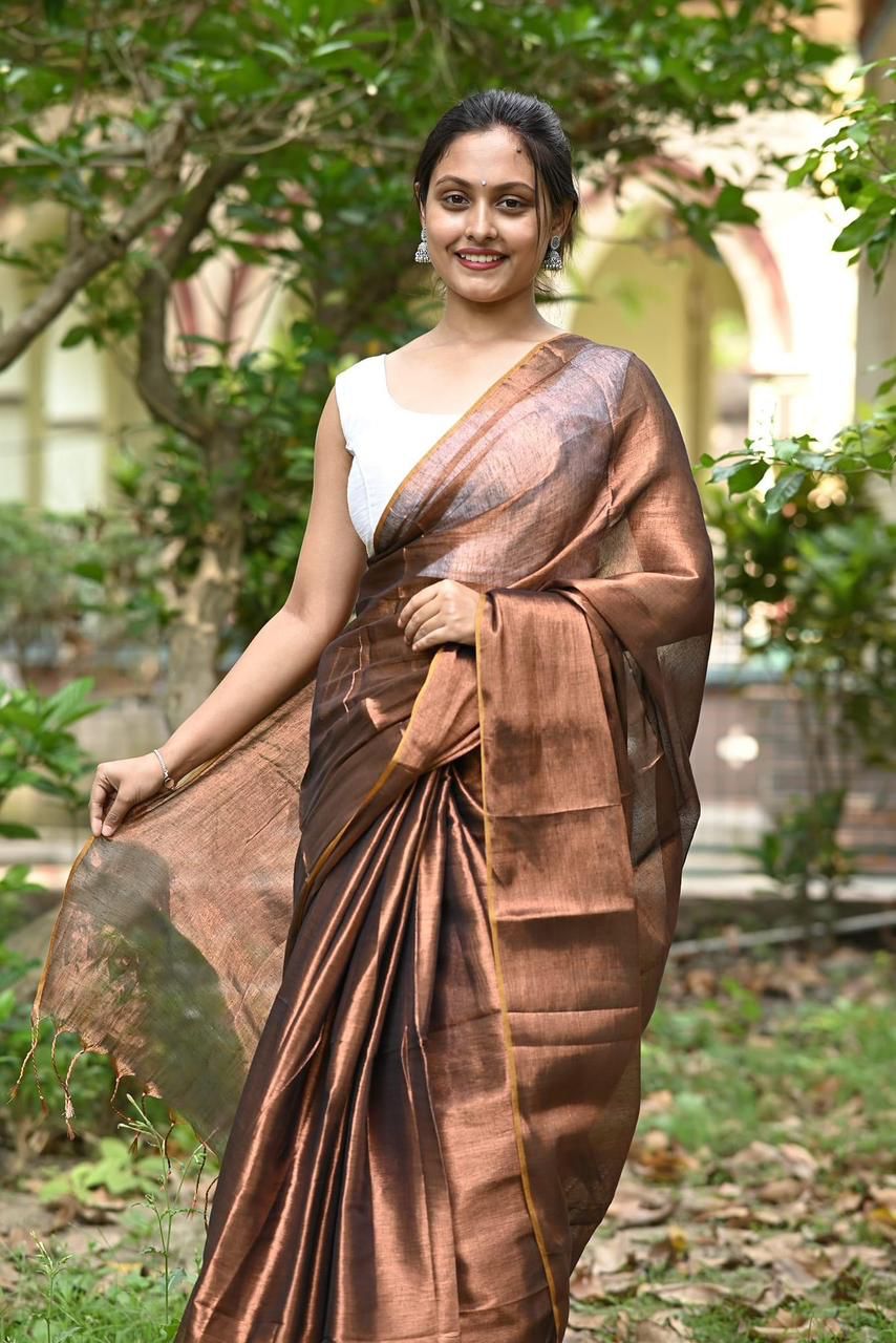 Copper Color Tissue Silk Saree With Blouse