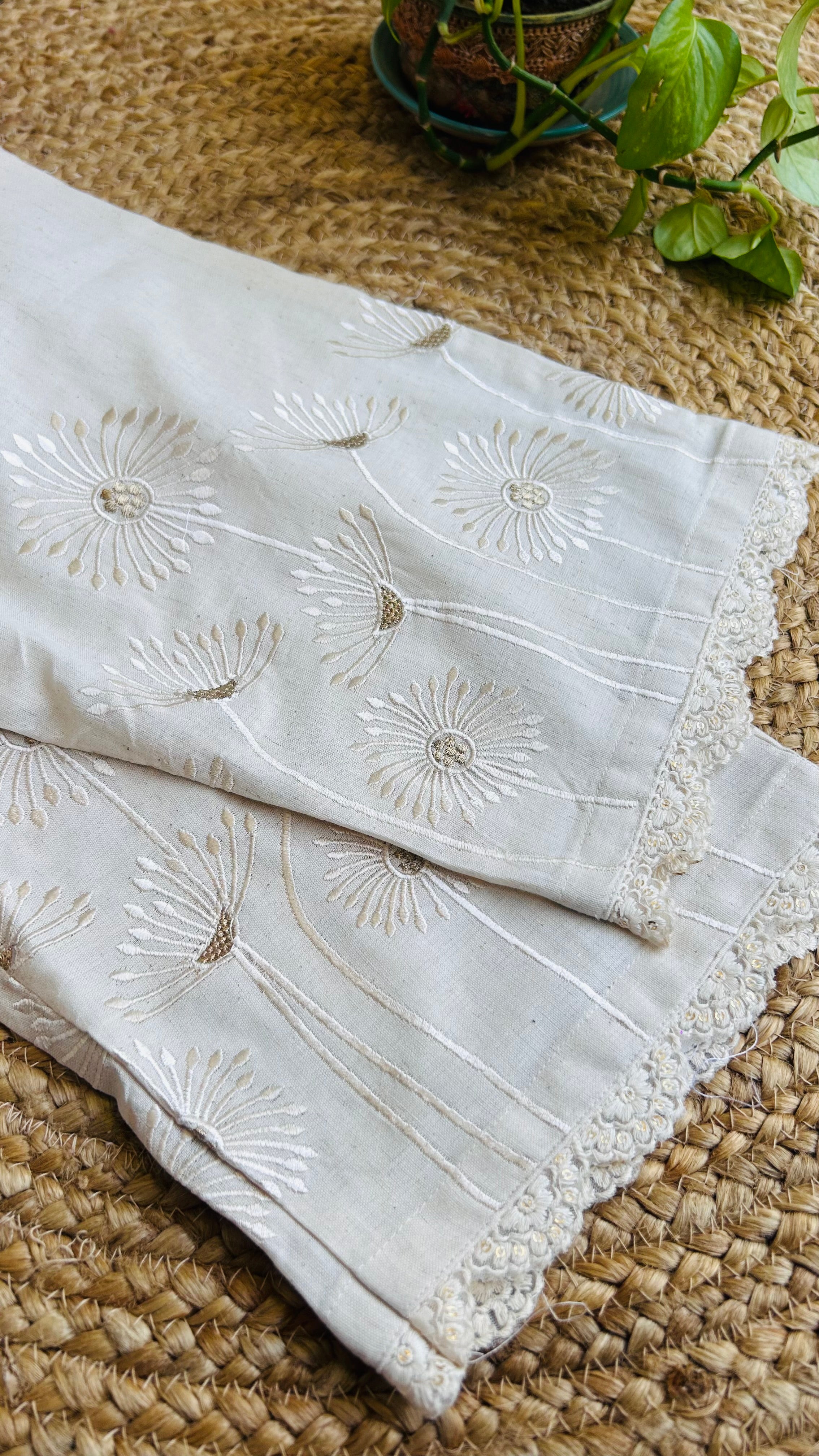 Prisha Cream Flower Embroidery Straight Pant In Cotton For Women