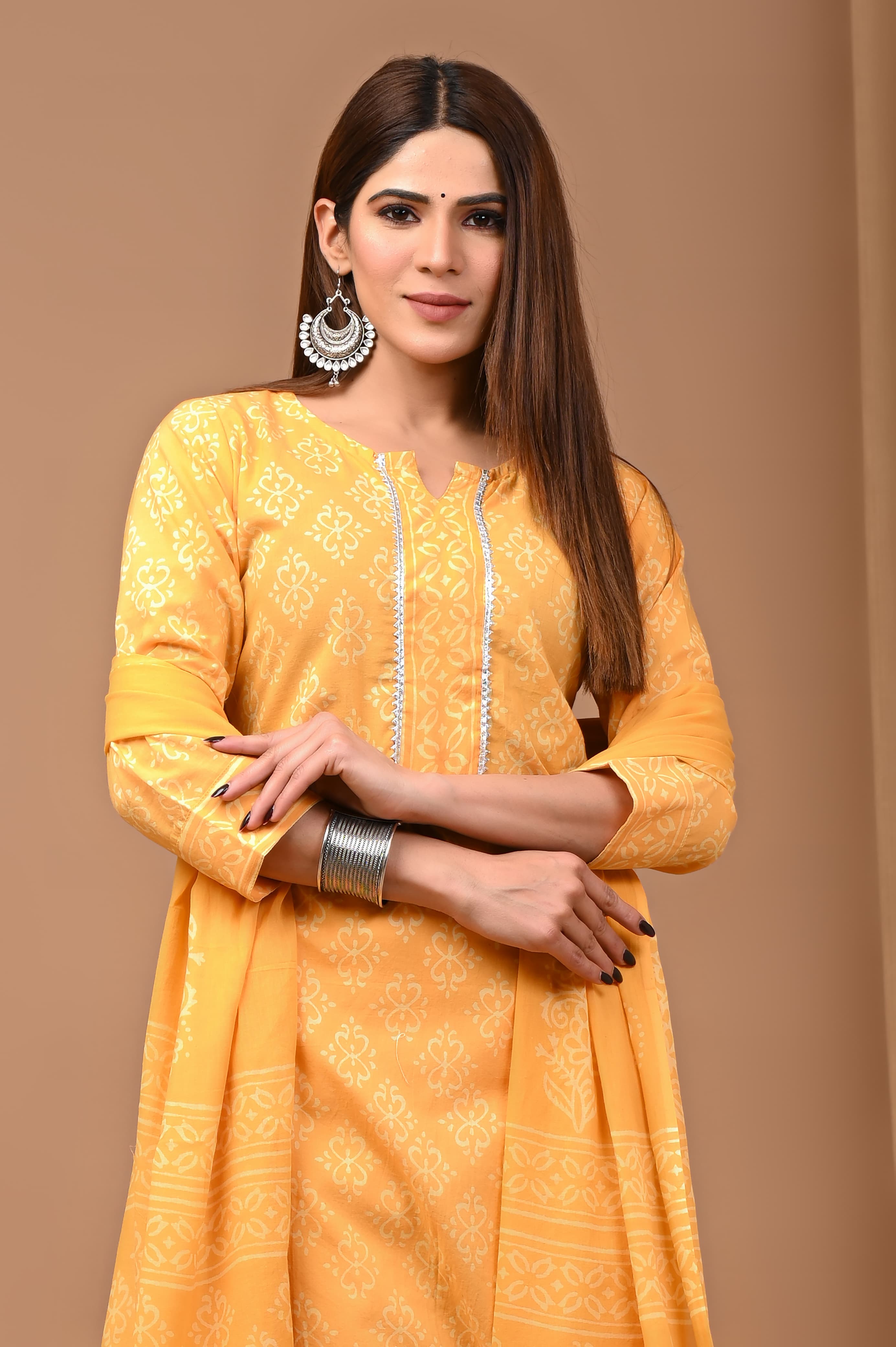 Yellow Block Print Suit Set With Dupatta