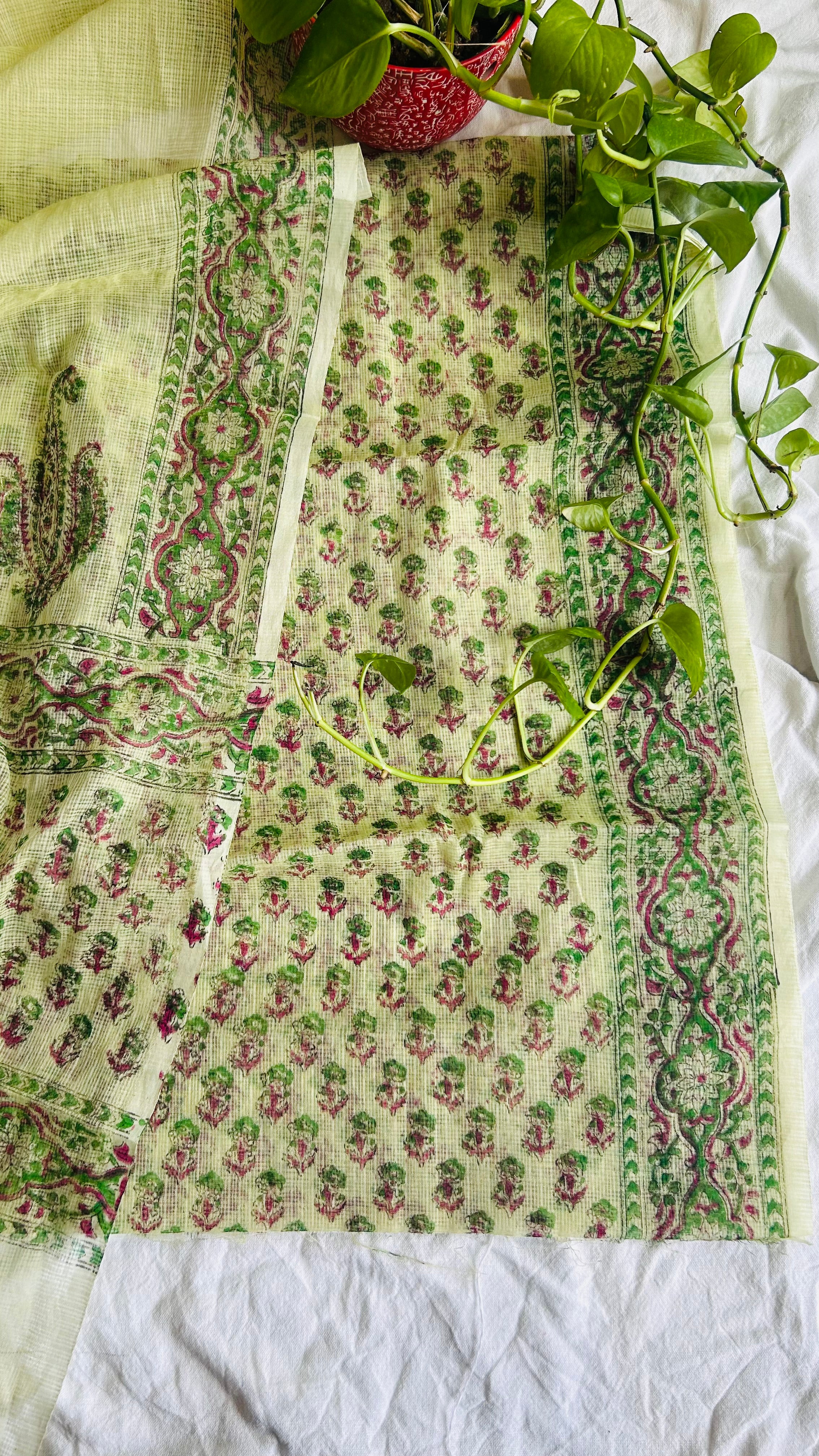 Summer Look Kota Doria Hand Block Print Suit In Olive Green (unstitched)