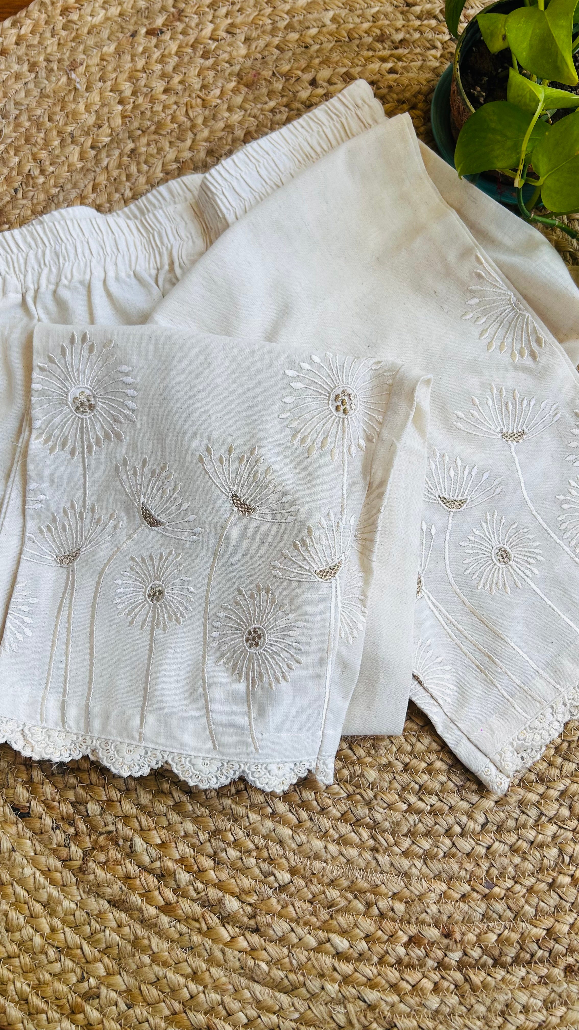 Prisha Cream Flower Embroidery Straight Pant In Cotton For Women