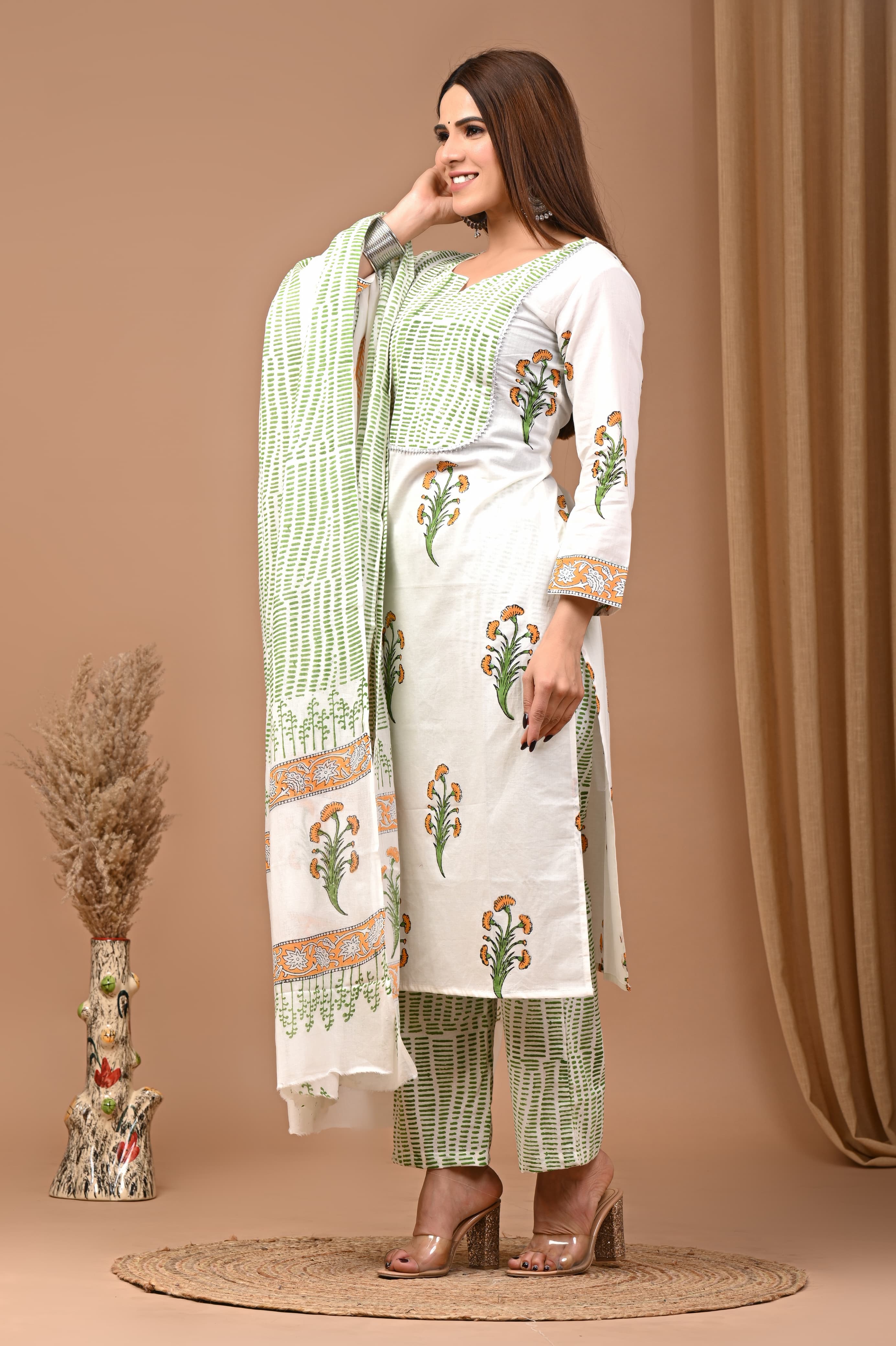 Daily Wear Green Stitched Cotton Suit Set