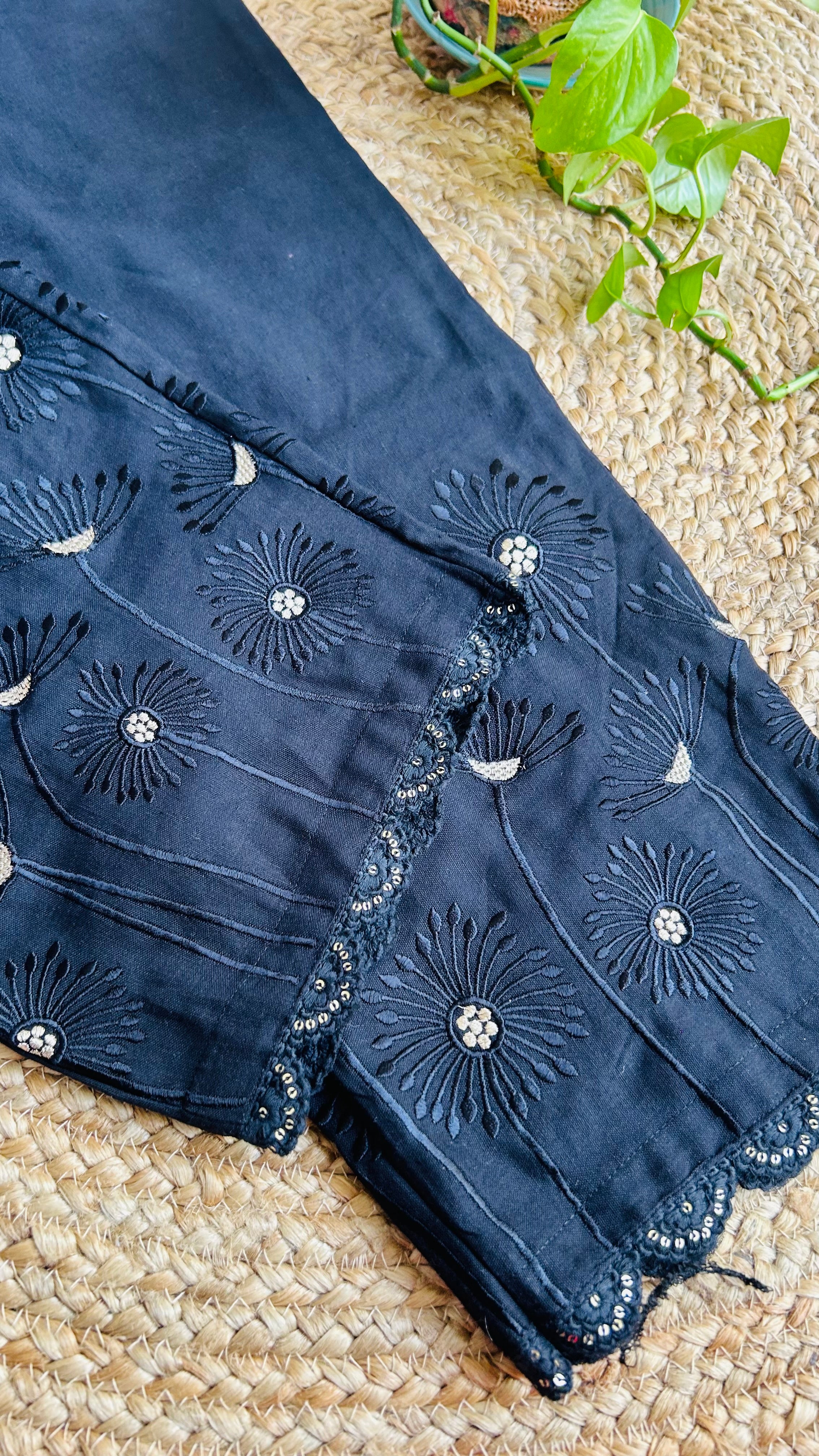 Avika Black Flower Embroidery Straight Pant In Cotton For Women