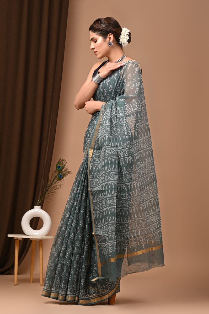 Trending Sage Green Kota Doria Traditional Print Saree