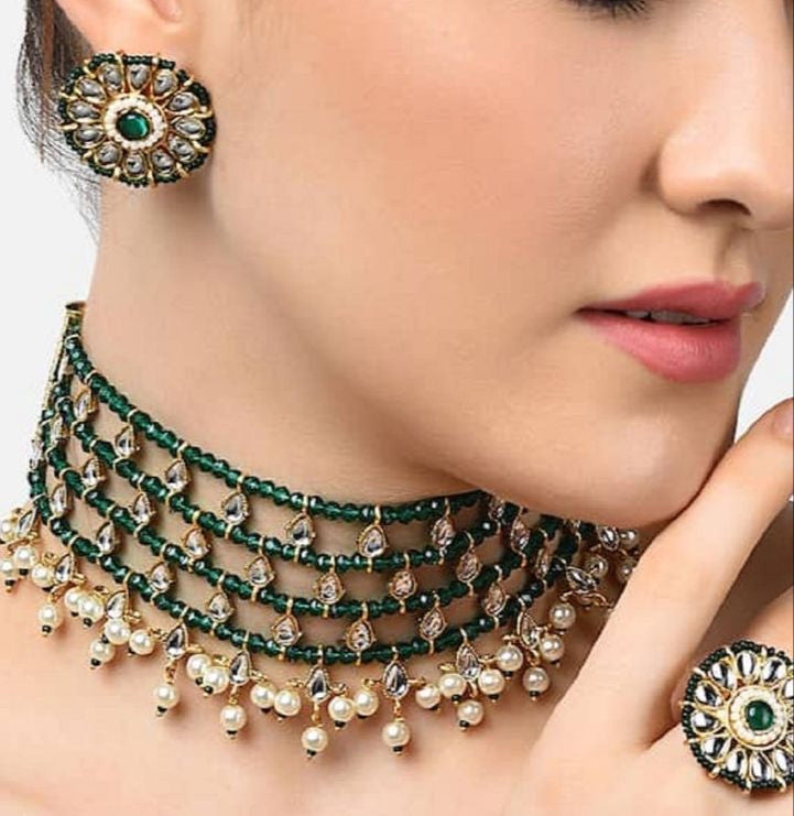 Green white pearl Kundan Necklace Set