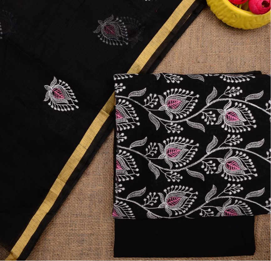 Kota Doriya Embroidery Work Suit In Black