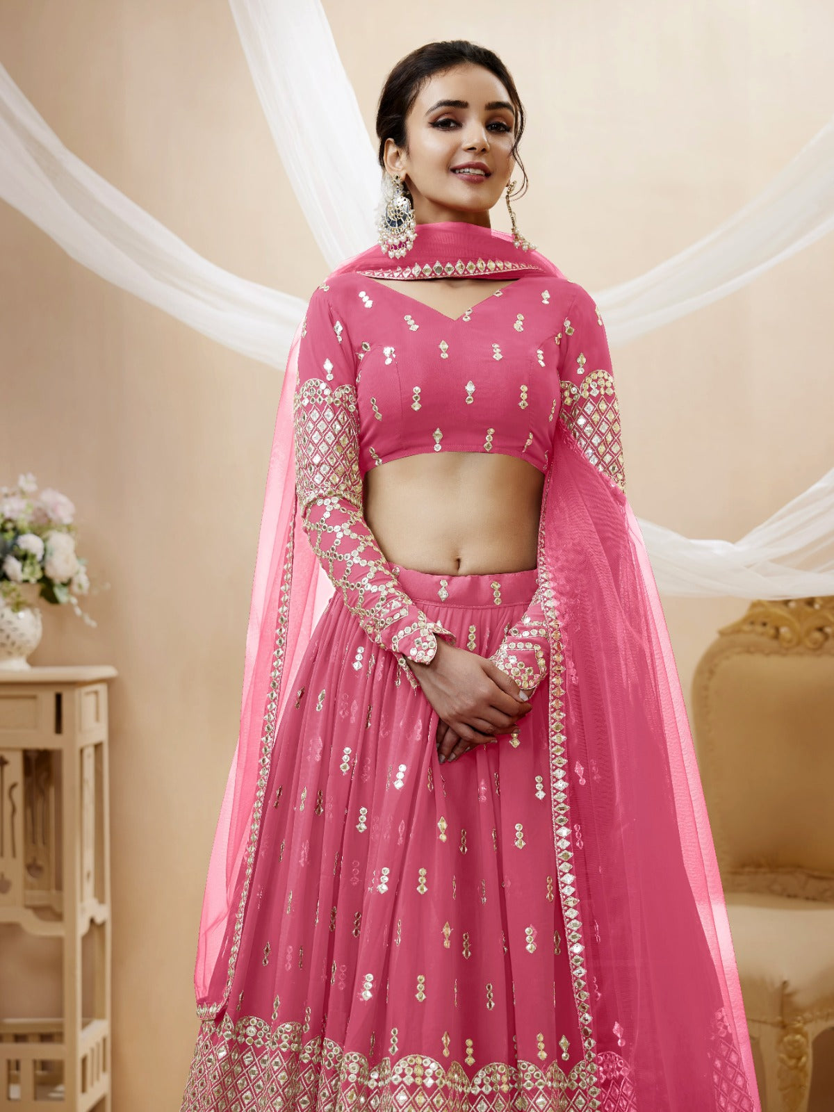 Blush pink lehenga choli with net dupatta