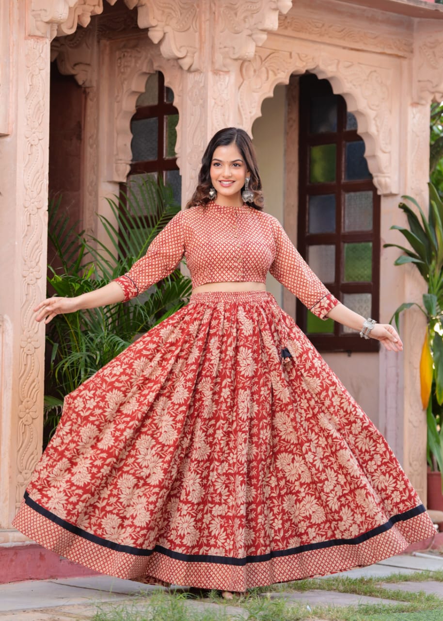 Red Block Print Flora lehenga choli Set