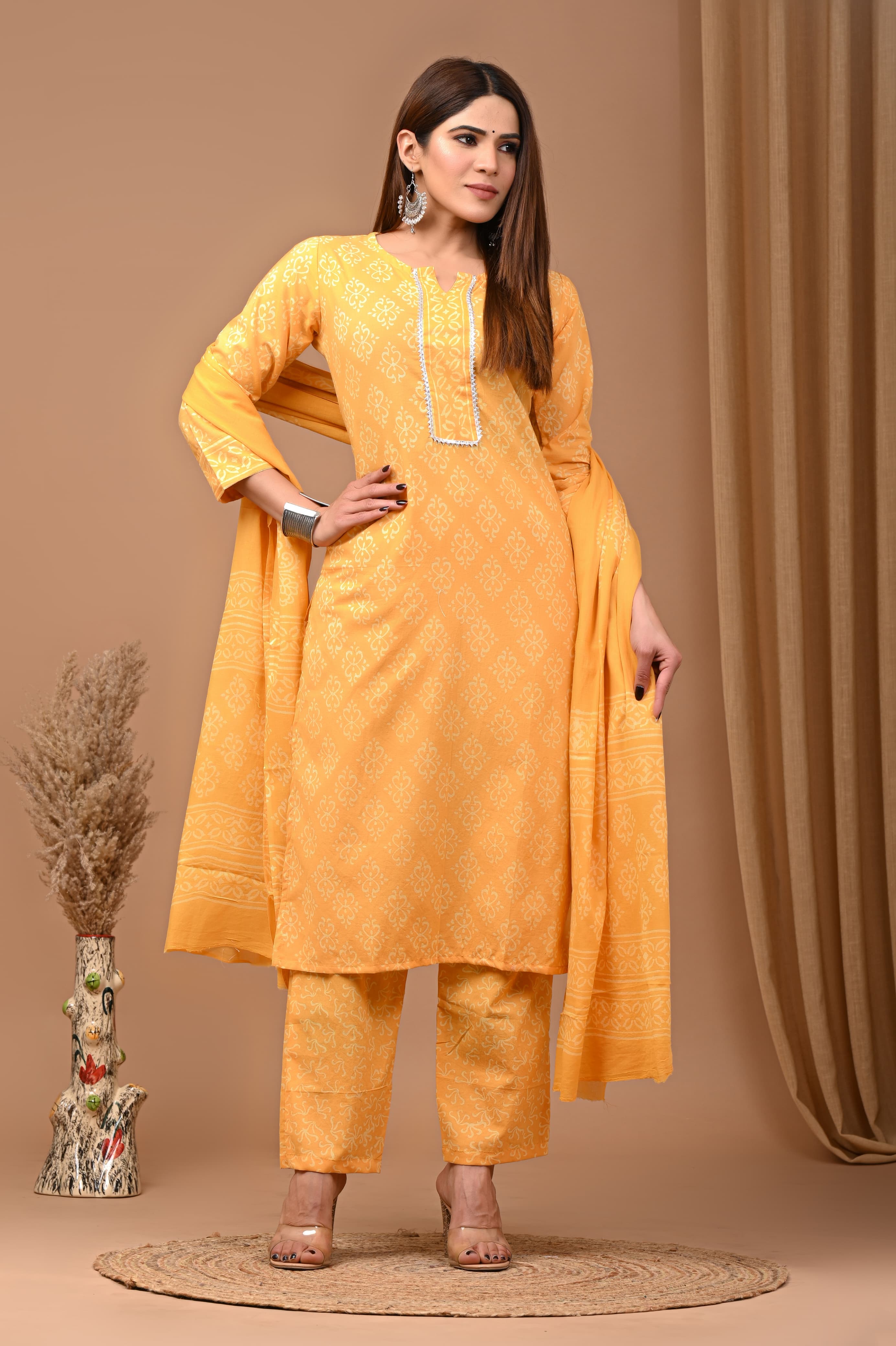 Yellow Block Print Suit Set With Dupatta