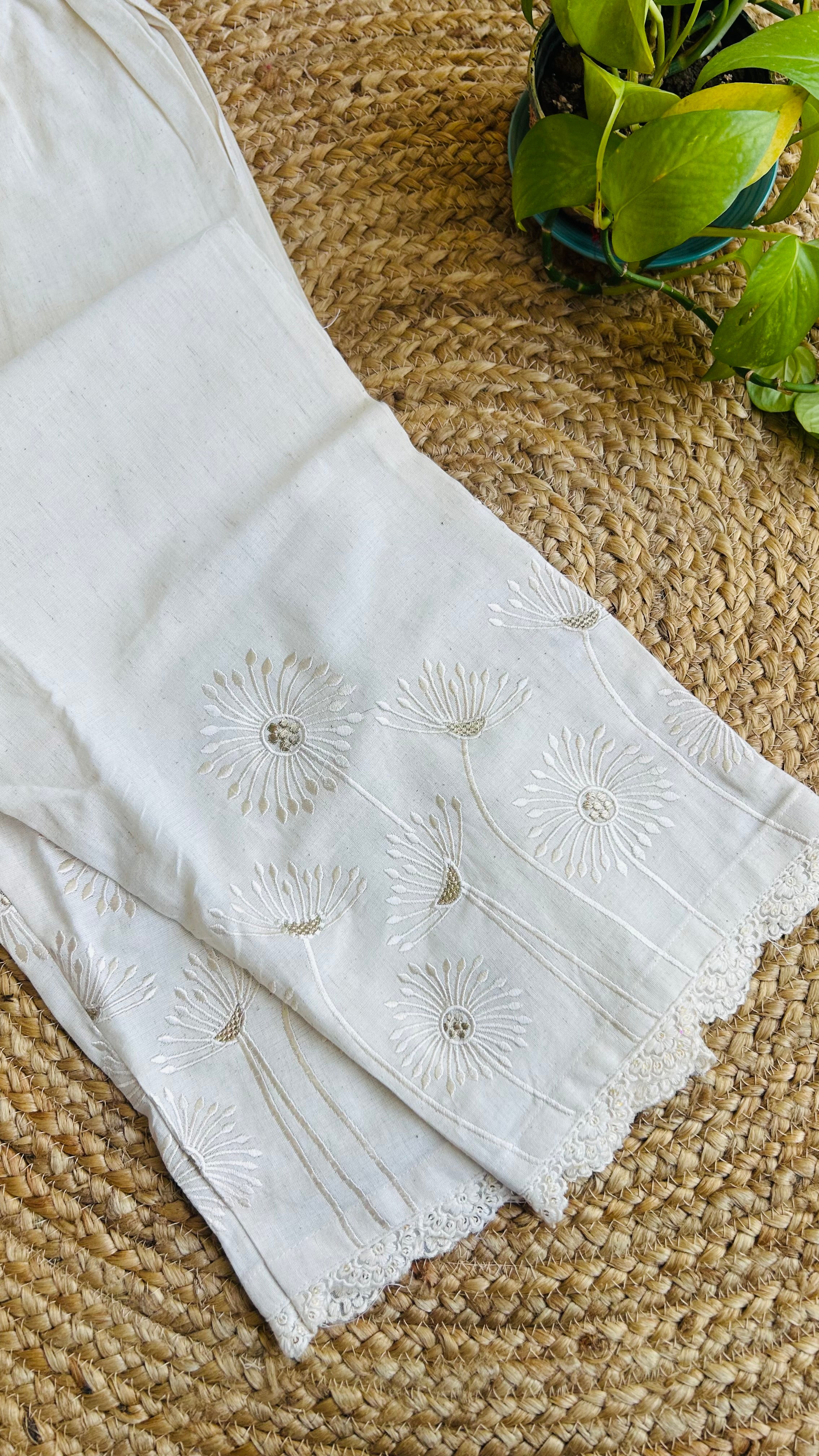 Prisha Cream Flower Embroidery Straight Pant In Cotton For Women